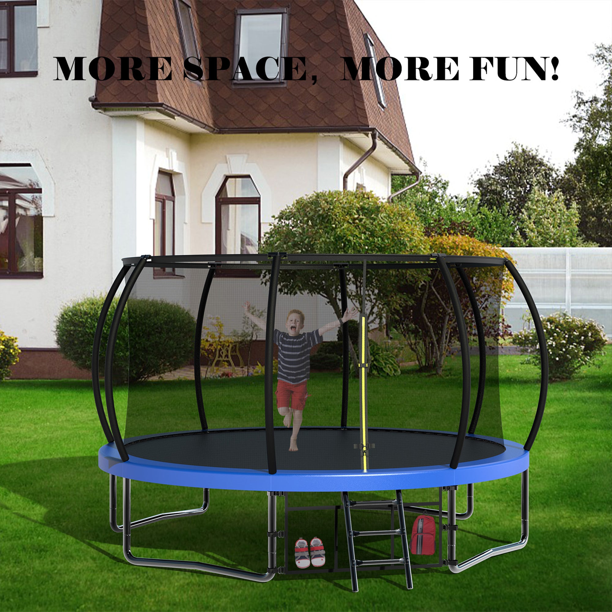 14 ft. Blue Galvanized Anti-Rust Outdoor Round Trampoline with Balance Bar with Enclosure Net and Carriage Bag BOMERTP48-BL