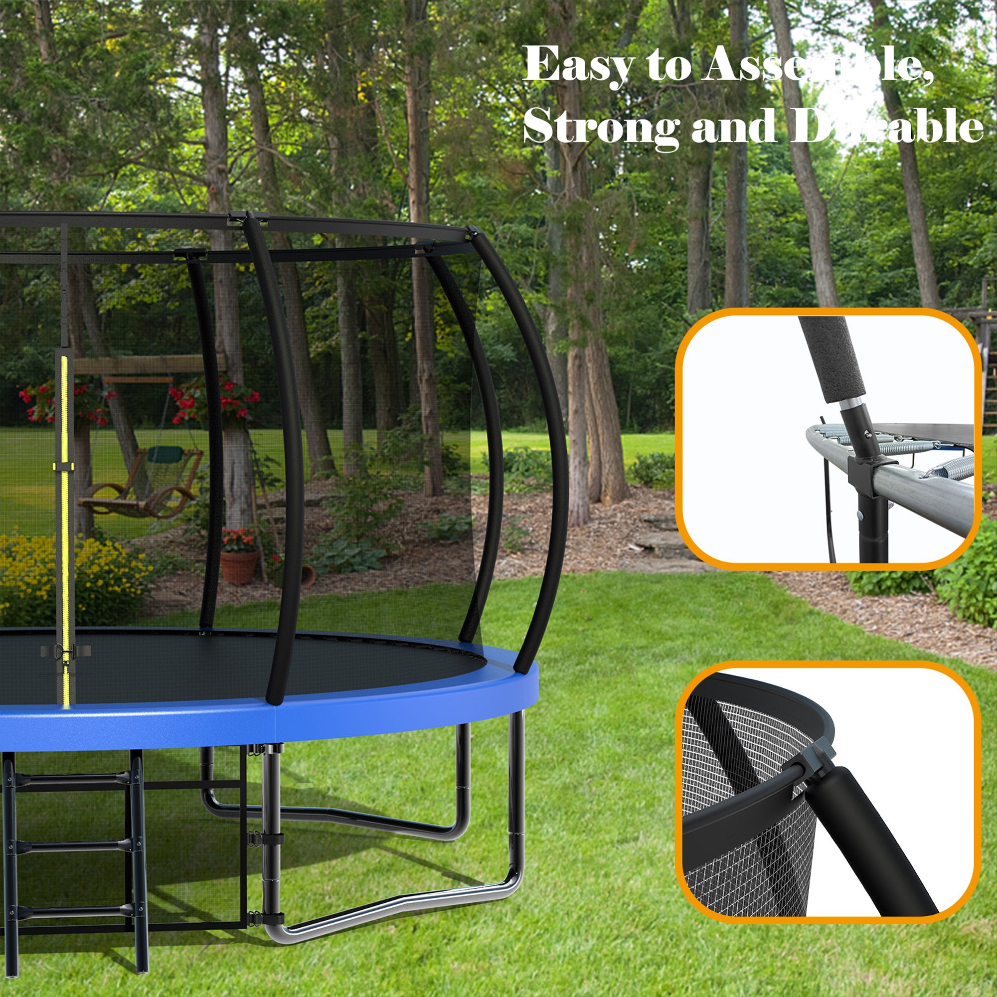 14 ft. Blue Galvanized Anti-Rust Outdoor Round Trampoline with Balance Bar with Enclosure Net and Carriage Bag BOMERTP48-BL