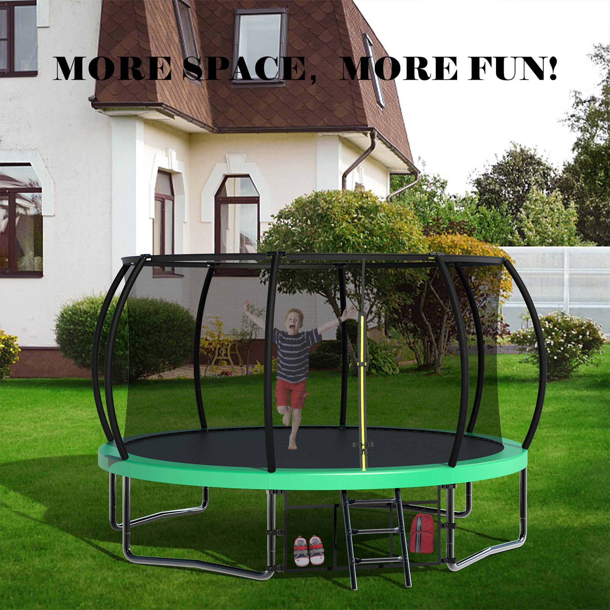 12 ft. Green Galvanized Anti-Rust Outdoor Round Trampoline with Balance Bar with Enclosure Net and Carriage Bag  BOMERTP48-GRN