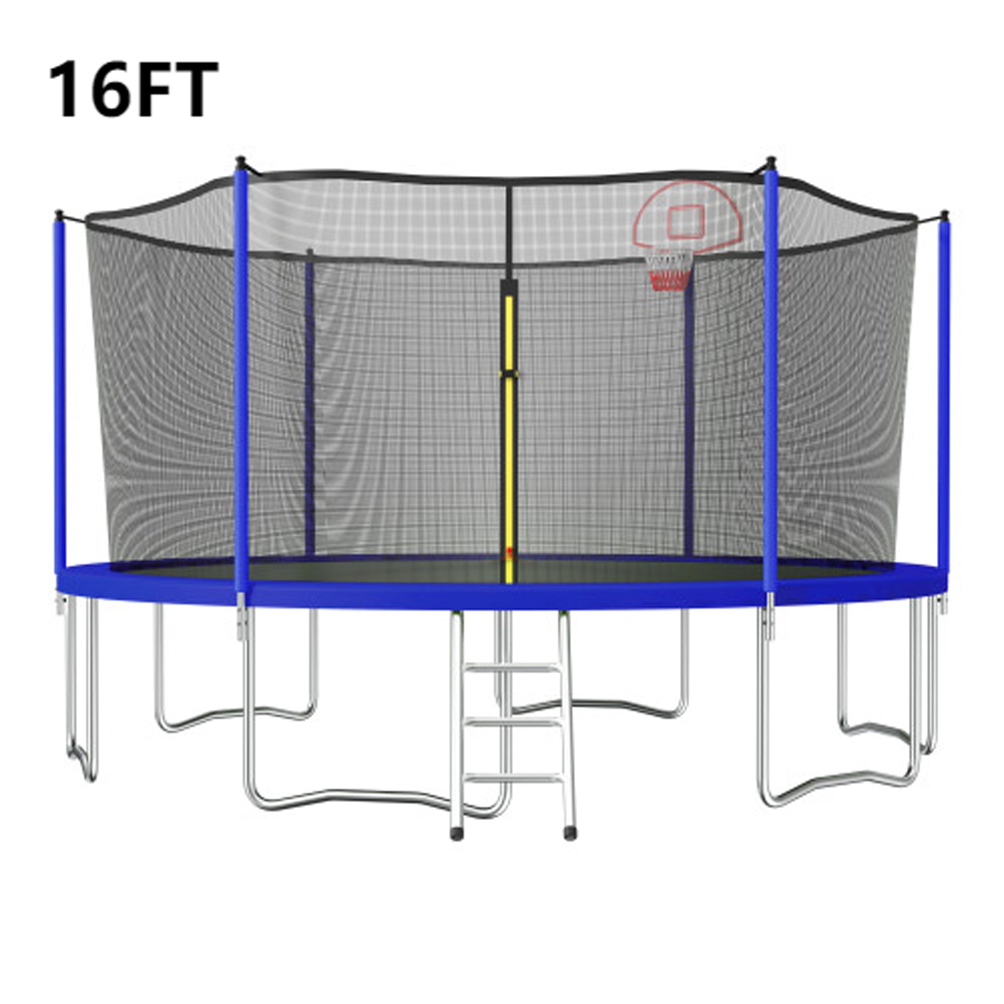 16 ft. Outdoor Blue Heavy-Duty Round Trampoline with Enclosure with Basketball Hoop and Ladder BOMERTP49-BL