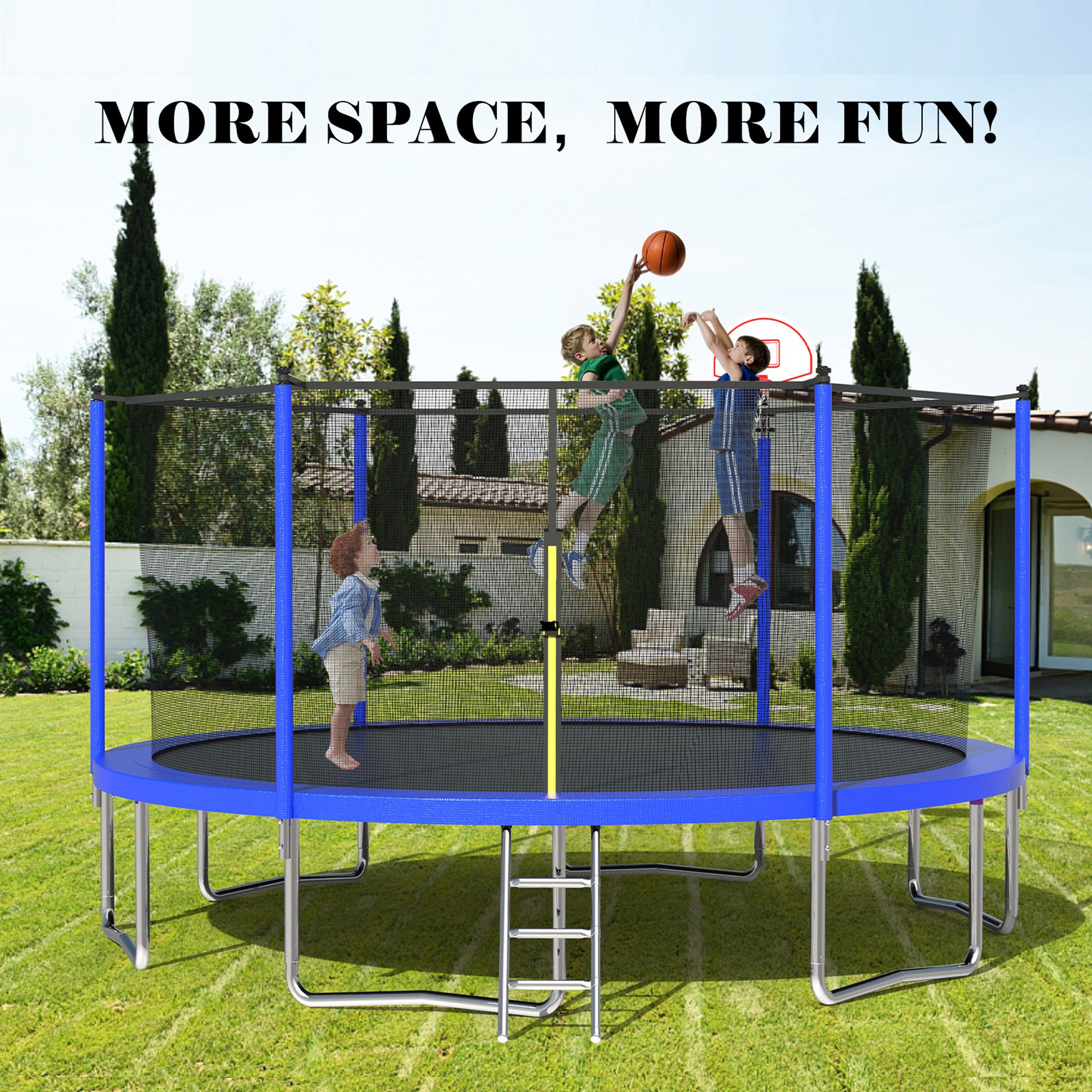 16 ft. Outdoor Blue Heavy-Duty Round Trampoline with Enclosure with Basketball Hoop and Ladder BOMERTP49-BL