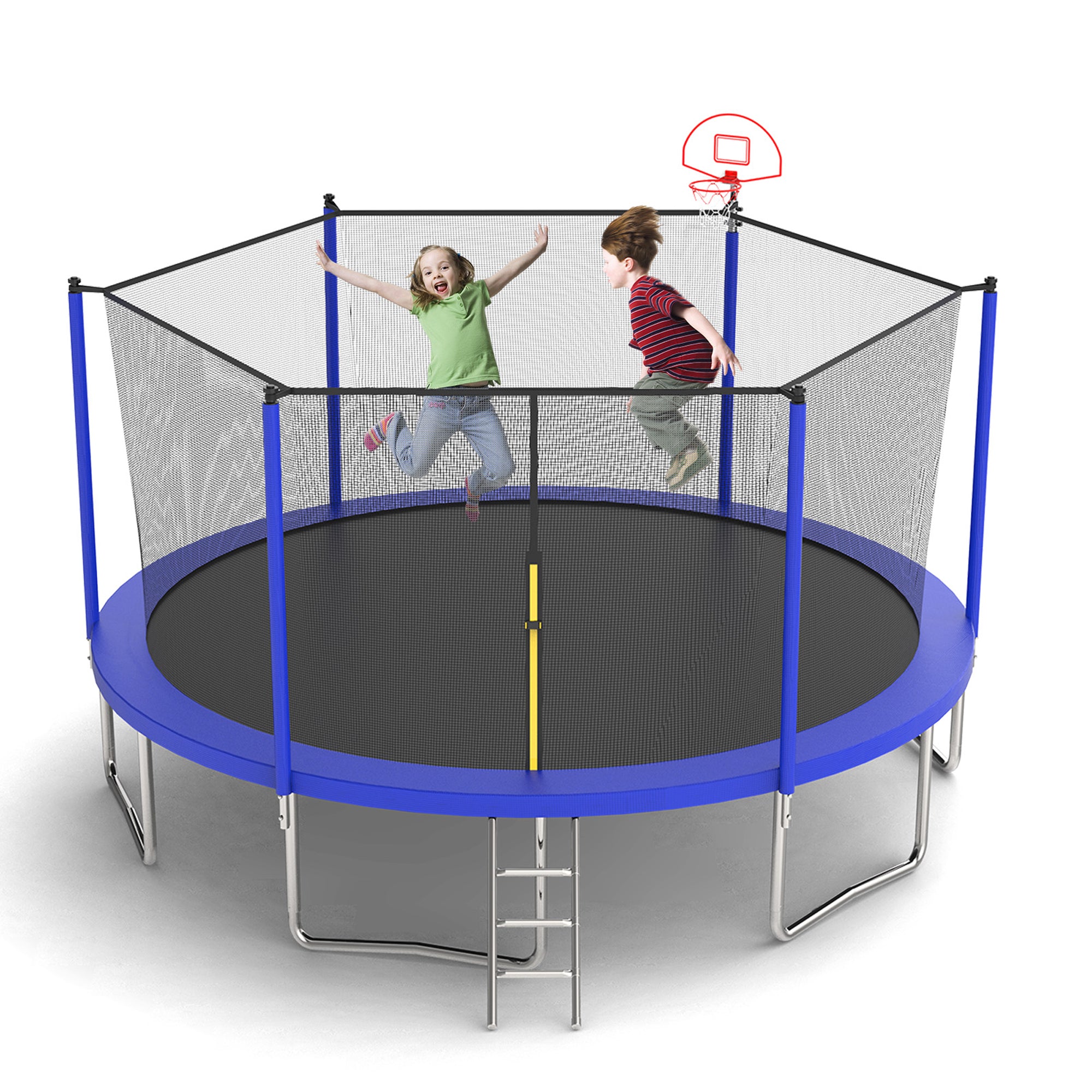 16 ft. Outdoor Blue Heavy-Duty Round Trampoline with Enclosure with Basketball Hoop and Ladder BOMERTP49-BL