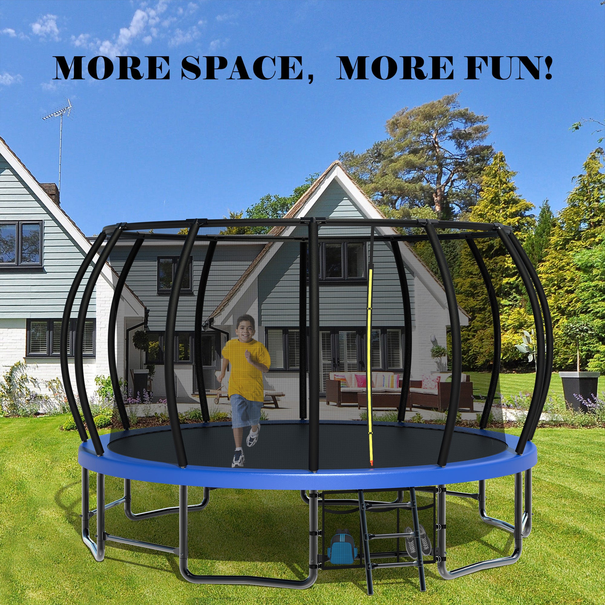 15 ft. Blue Galvanized Anti-Rust Outdoor Round Trampoline with Balance Bar with Enclosure Net and Carriage Bag BOMERTP50-BL