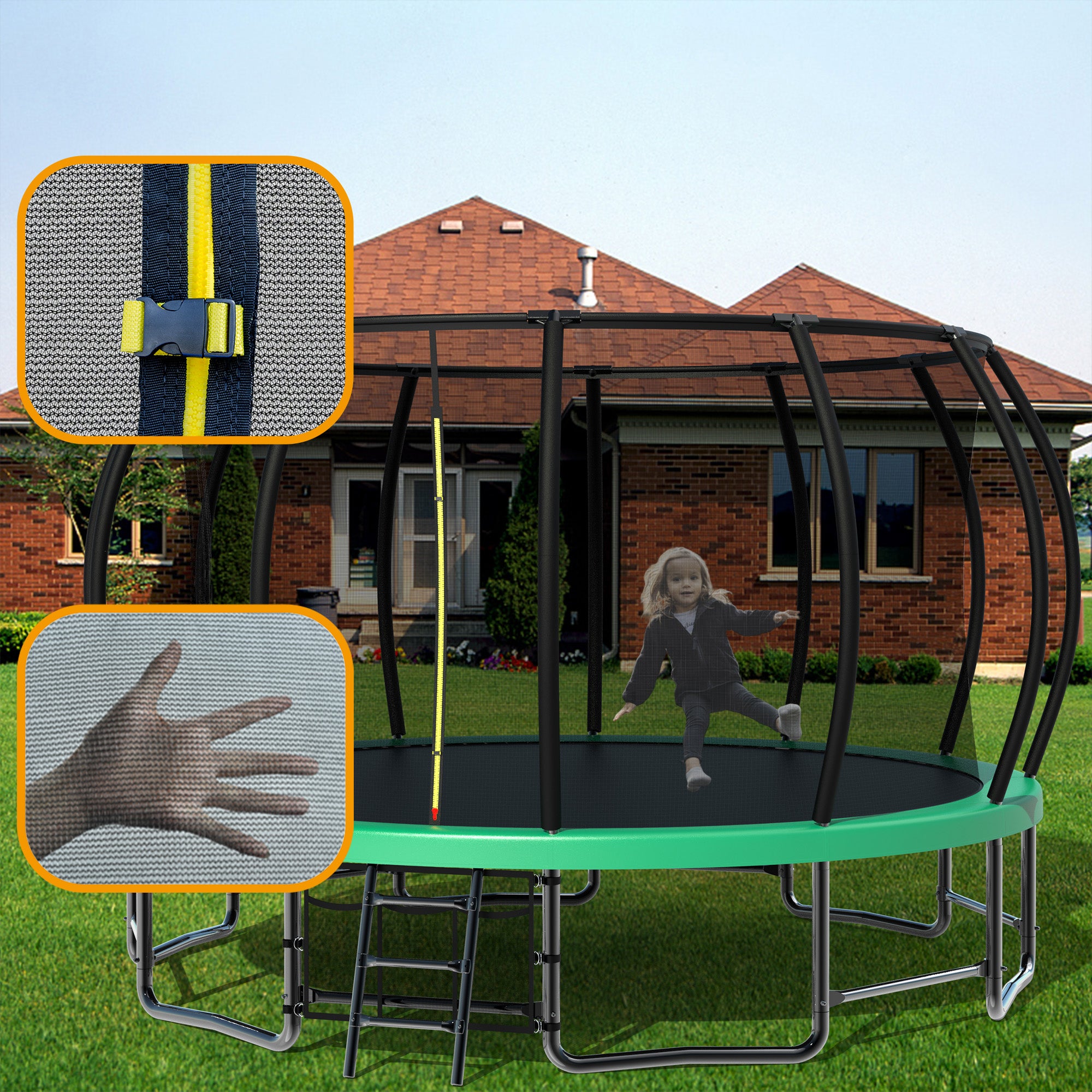 15 ft. Green Galvanized Anti-Rust Outdoor Round Trampoline with Balance Bar with Enclosure Net and Carriage Bag  BOMERTP50-GRN