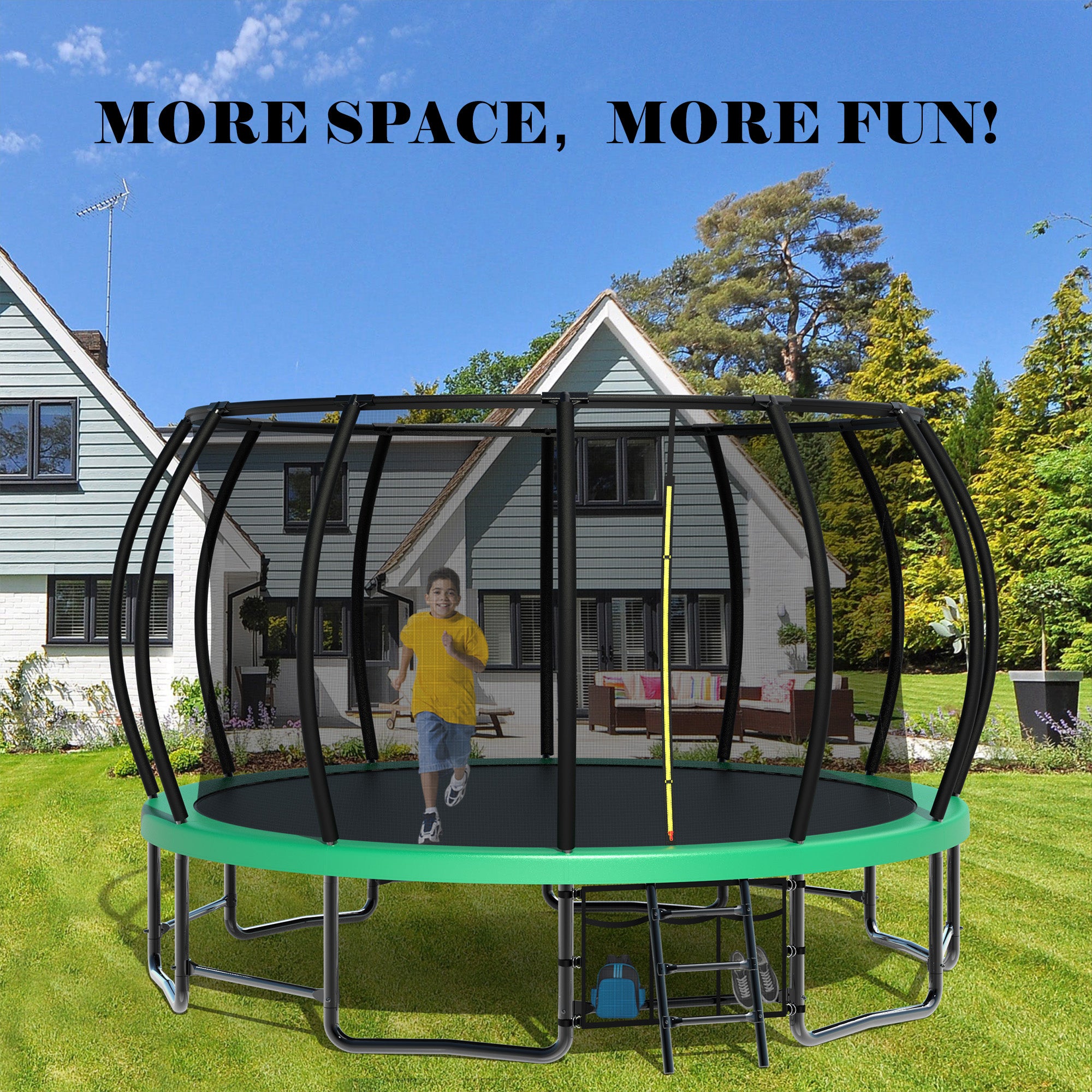 15 ft. Green Galvanized Anti-Rust Outdoor Round Trampoline with Balance Bar with Enclosure Net and Carriage Bag  BOMERTP50-GRN