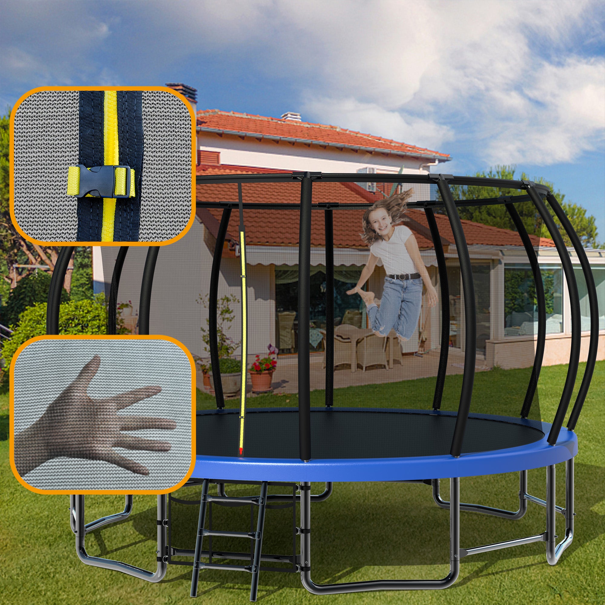 16 ft. Blue Galvanized Anti-Rust Outdoor Round Trampoline with Balance Bar with Enclosure Net and Carriage Bag BOMERTP51-BL