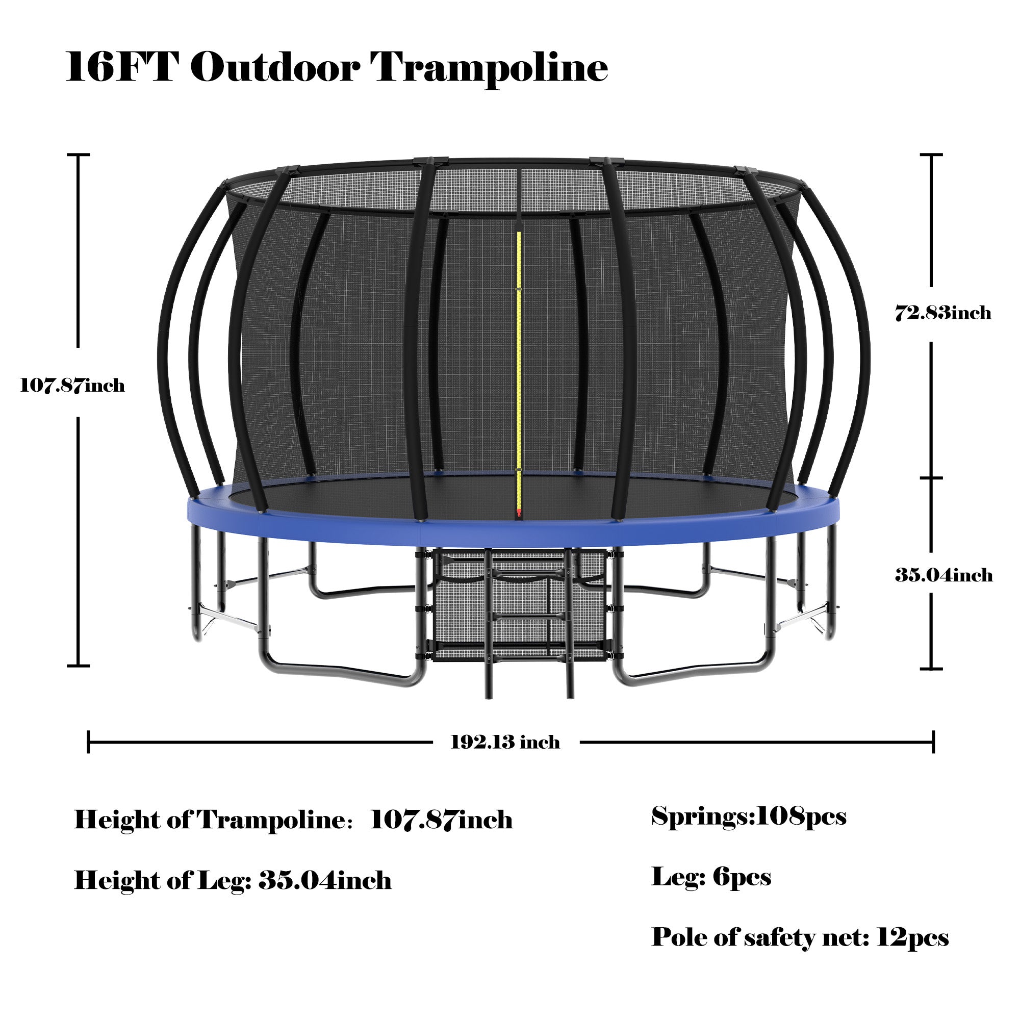 16 ft. Blue Galvanized Anti-Rust Outdoor Round Trampoline with Balance Bar with Enclosure Net and Carriage Bag BOMERTP51-BL