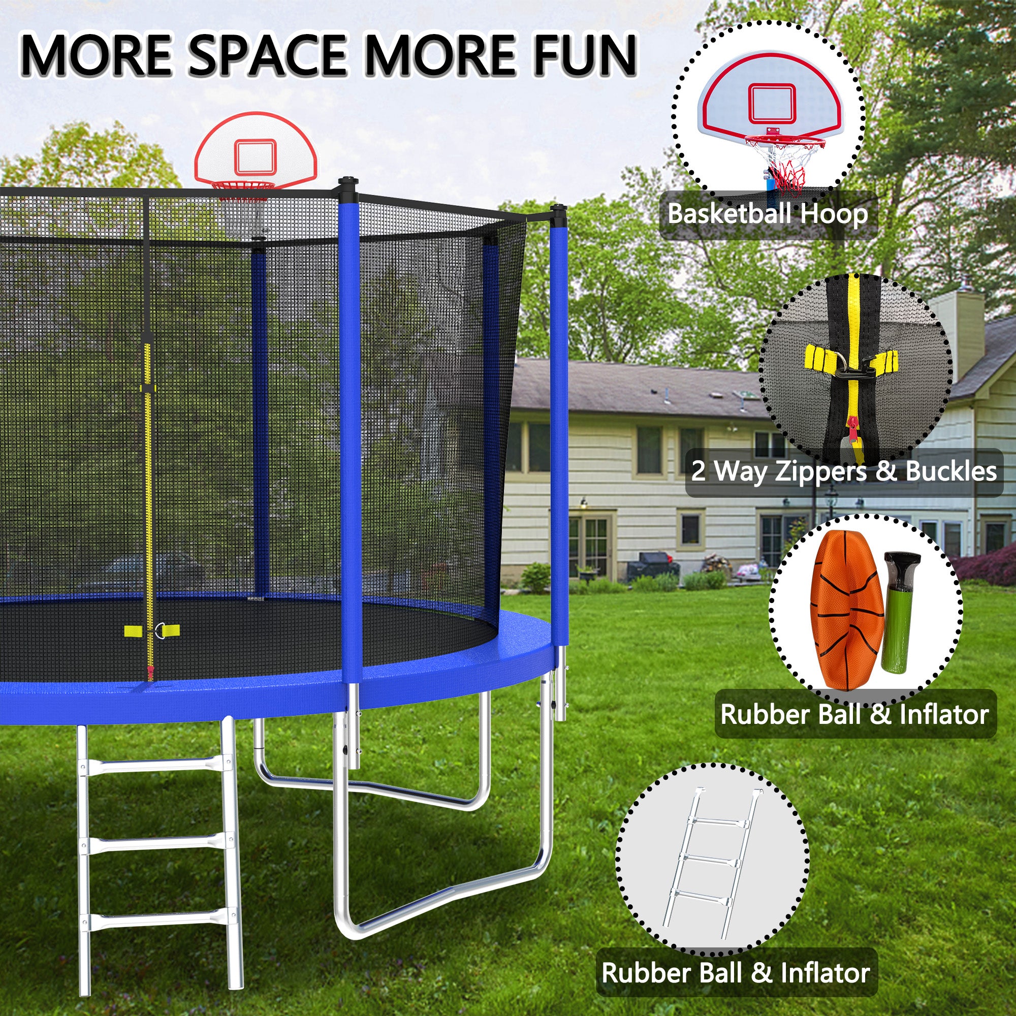 12 ft. Outdoor Blue Heavy-Duty Round Trampoline with Enclosure with Basketball Hoop and Ladder BOMERTP52-BL