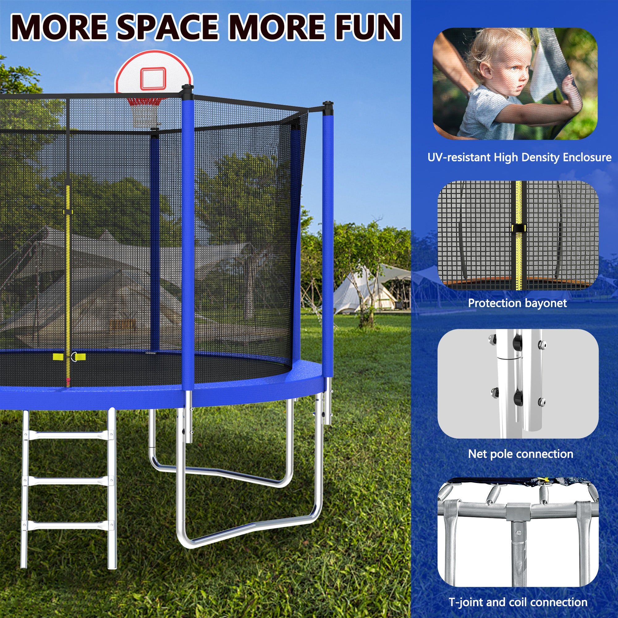 12 ft. Outdoor Blue Heavy-Duty Round Trampoline with Enclosure with Basketball Hoop and Ladder BOMERTP52-BL