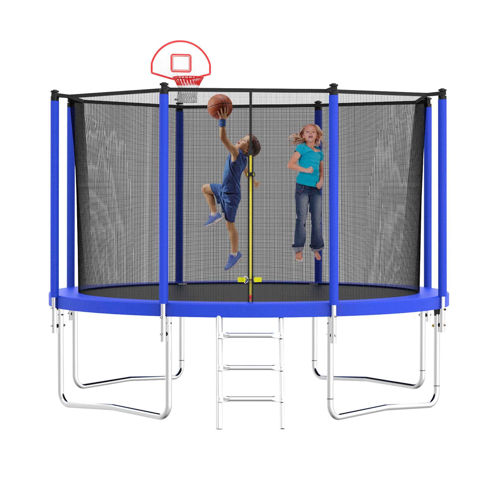 12 ft. Outdoor Blue Heavy-Duty Round Trampoline with Enclosure with Basketball Hoop and Ladder BOMERTP52-BL