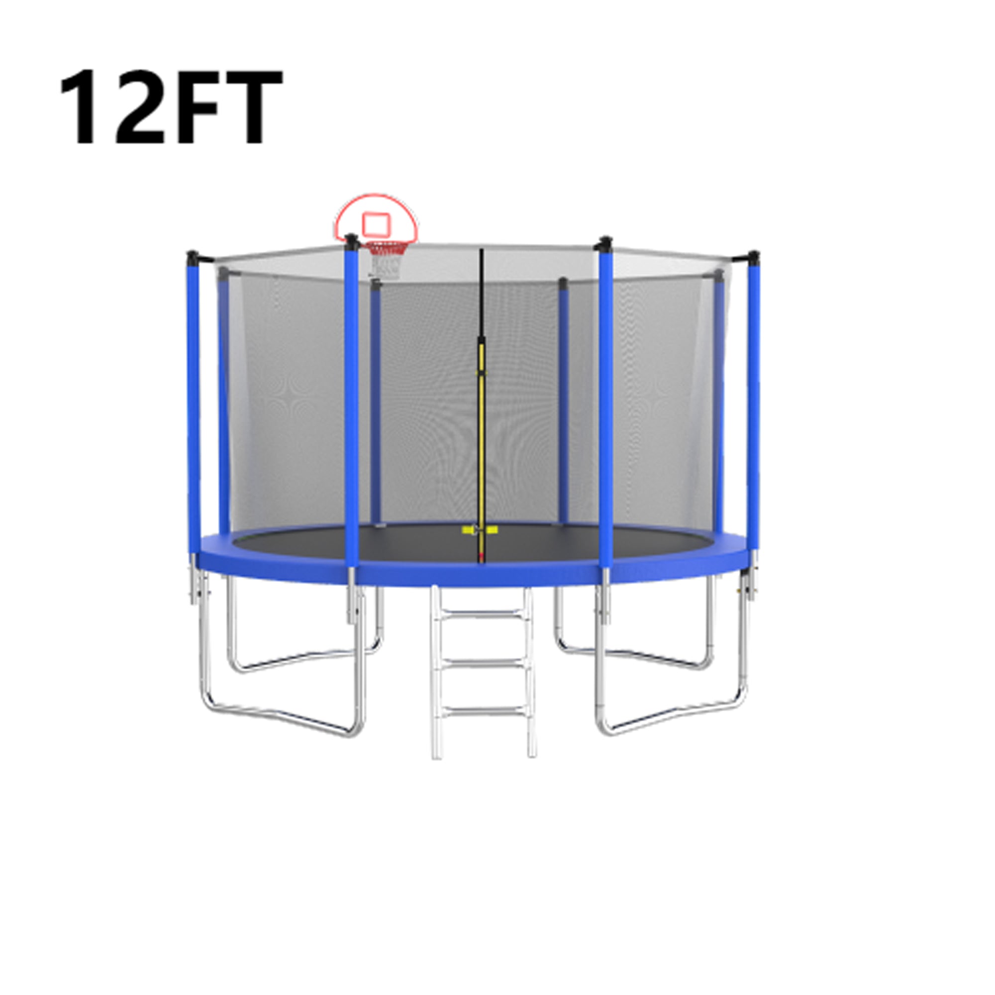 12 ft. Outdoor Blue Heavy-Duty Round Trampoline with Enclosure with Basketball Hoop and Ladder BOMERTP52-BL