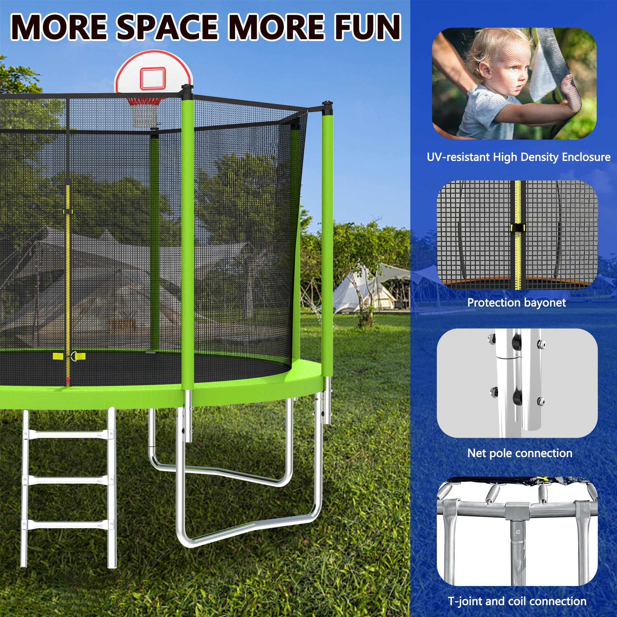 12 ft. Outdoor Green Heavy-Duty Round Trampoline with Enclosure with Basketball Hoop and Ladder BOMERTP52-GRN