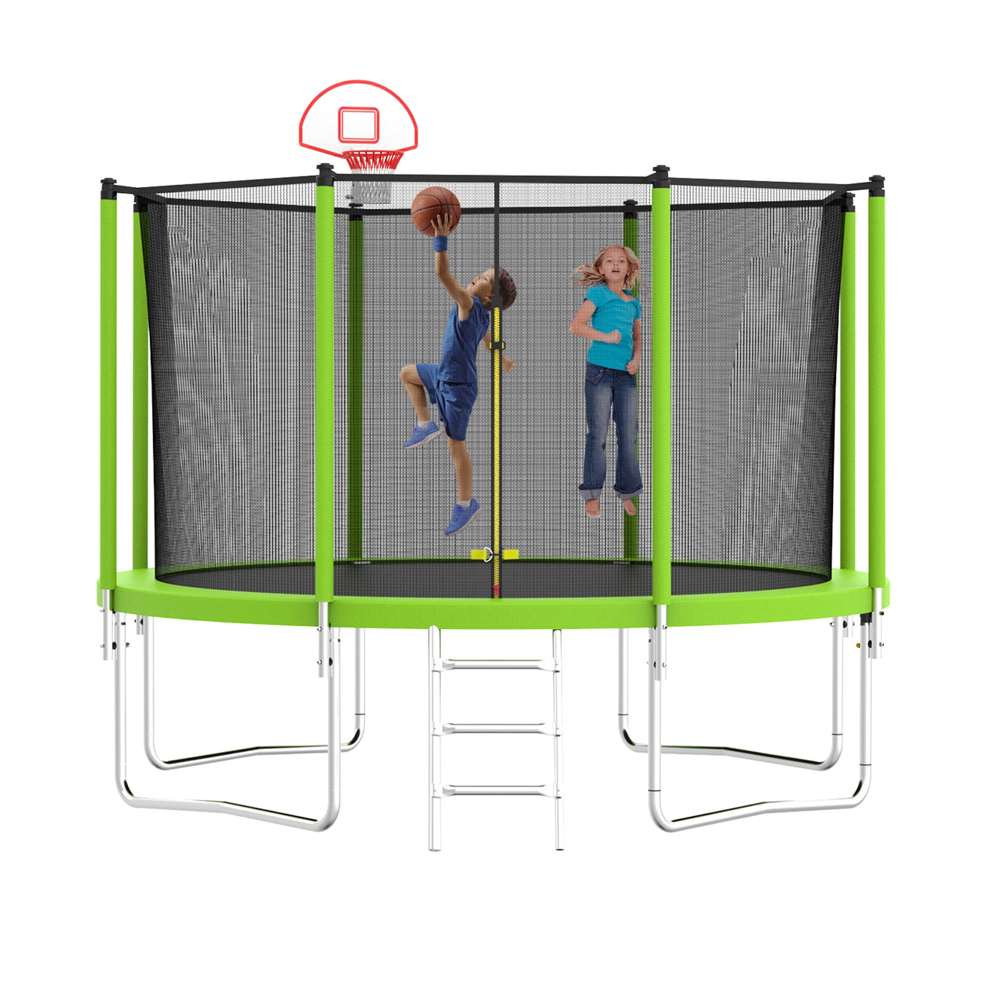 12 ft. Outdoor Green Heavy-Duty Round Trampoline with Enclosure with Basketball Hoop and Ladder BOMERTP52-GRN