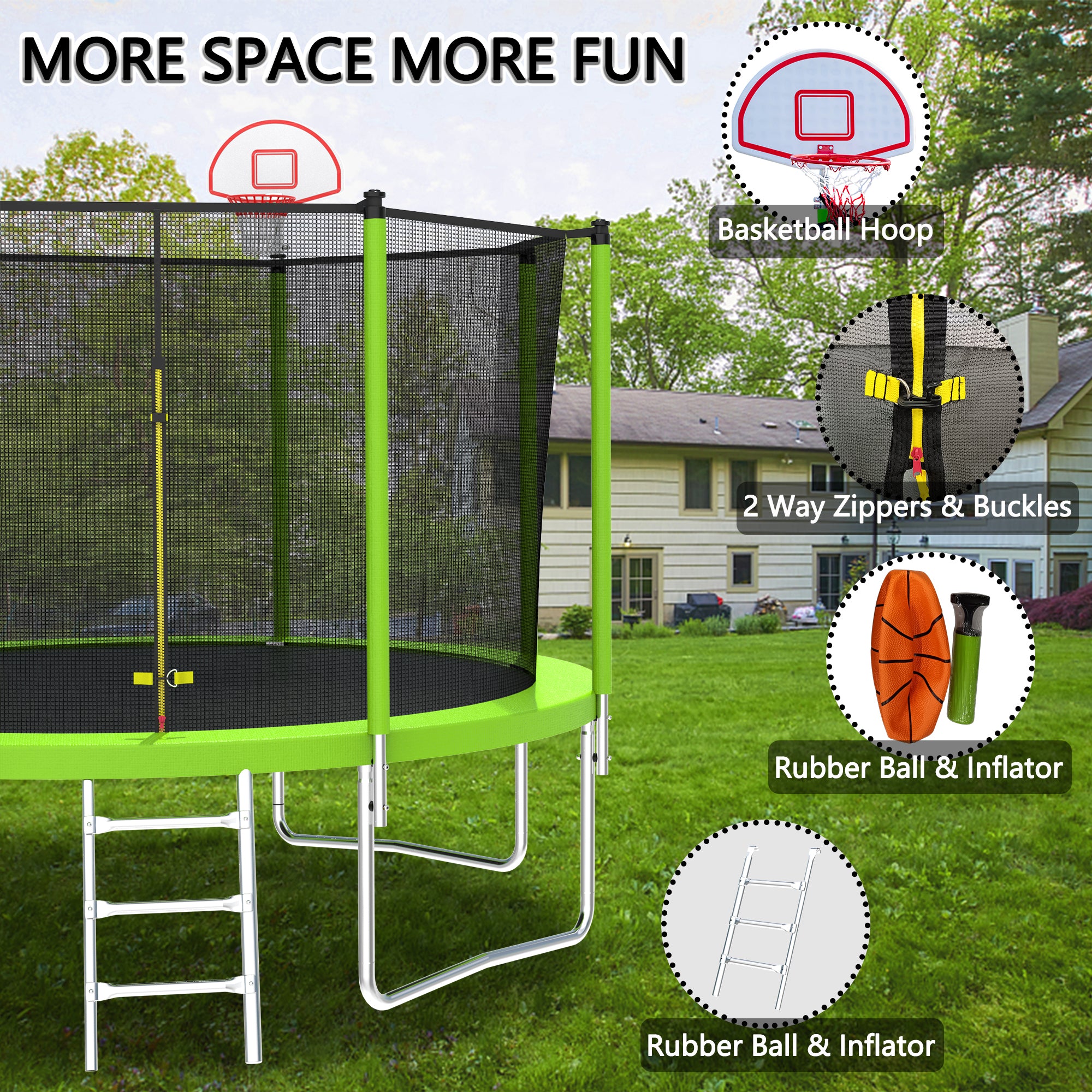 12 ft. Outdoor Green Heavy-Duty Round Trampoline with Enclosure with Basketball Hoop and Ladder BOMERTP52-GRN