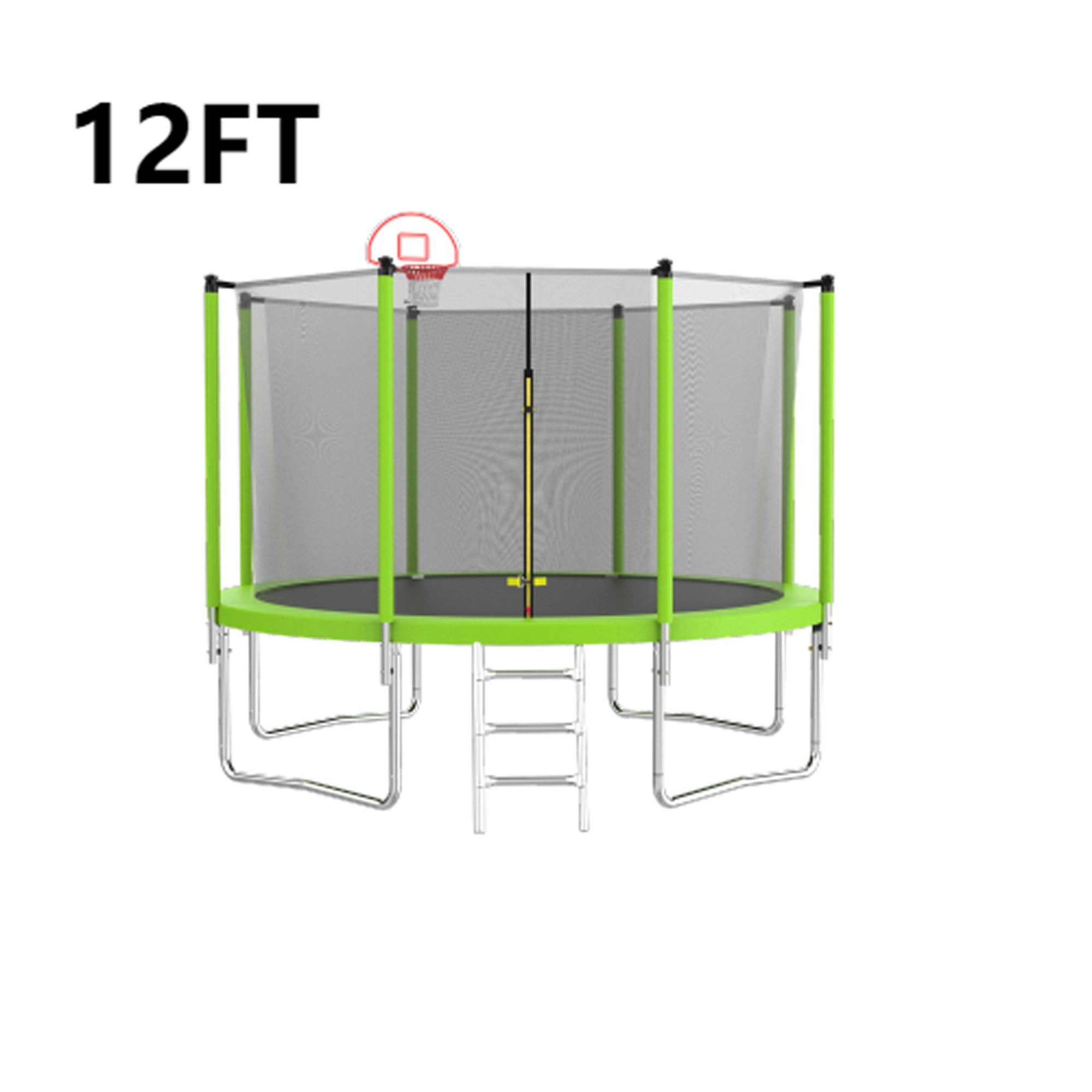 12 ft. Outdoor Green Heavy-Duty Round Trampoline with Enclosure with Basketball Hoop and Ladder BOMERTP52-GRN