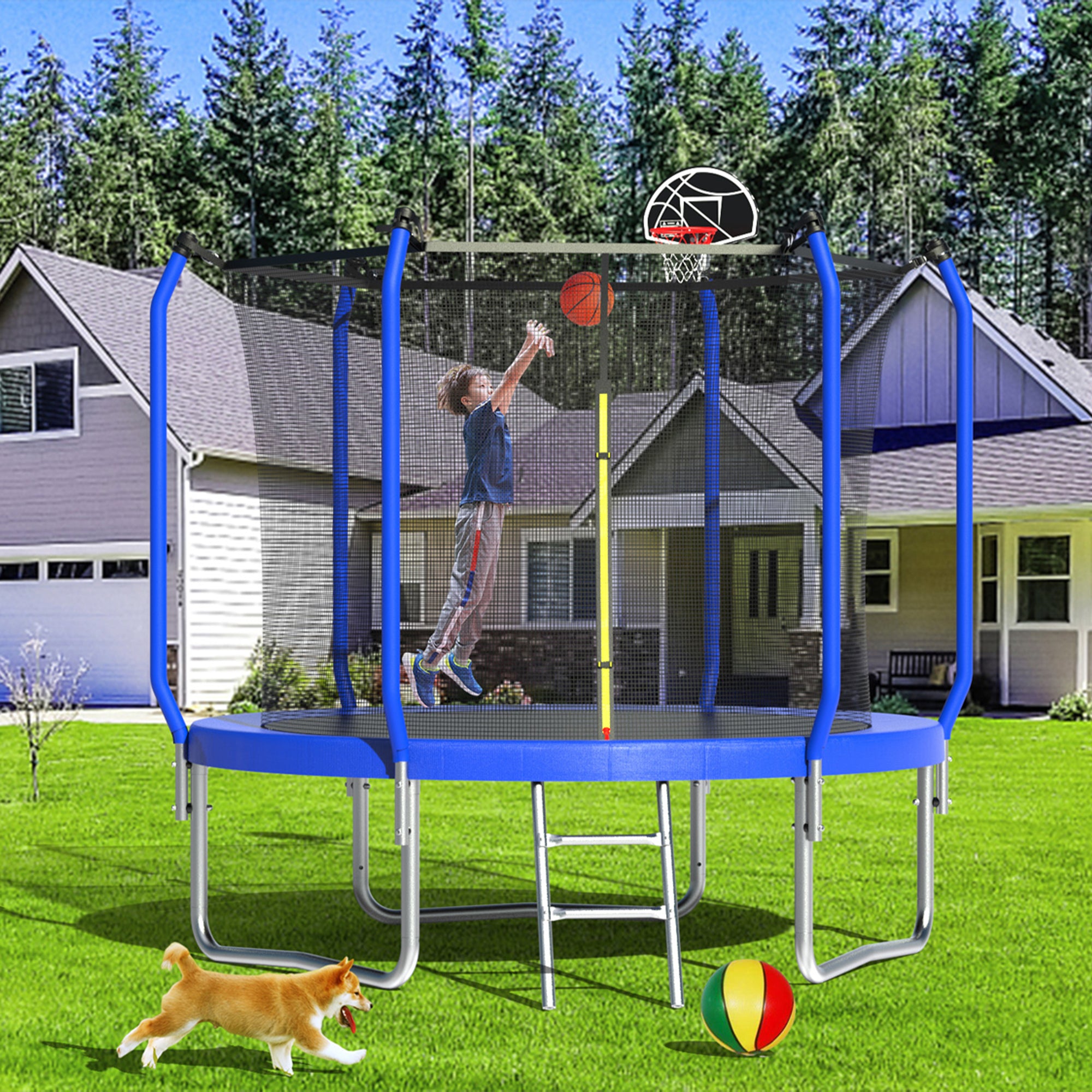 10 ft. Blue Galvanized Anti-Rust Outdoor Round Trampoline with Basketball Hoop and Enclosure Net BOMERTP54-BL