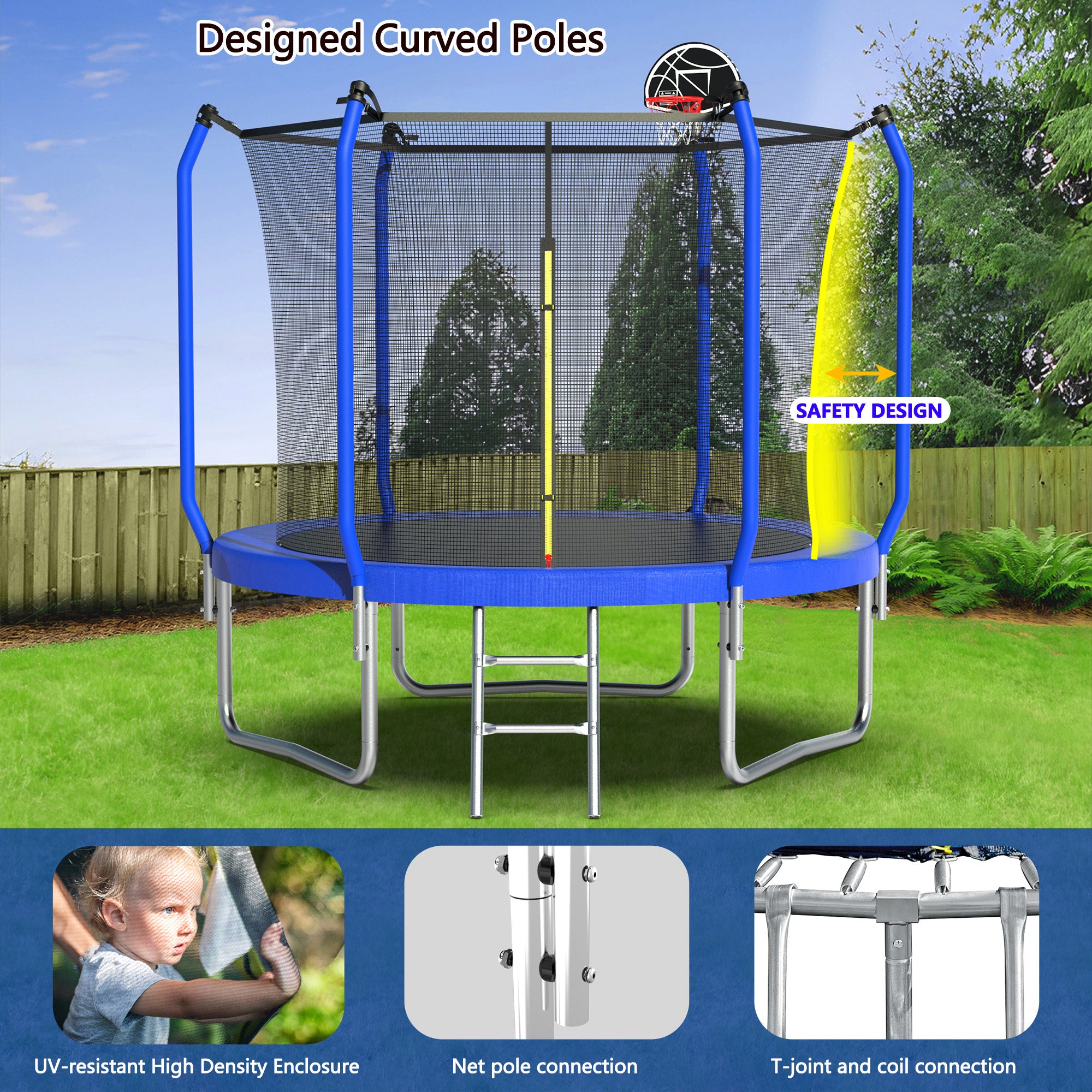 10 ft. Blue Galvanized Anti-Rust Outdoor Round Trampoline with Basketball Hoop and Enclosure Net BOMERTP54-BL