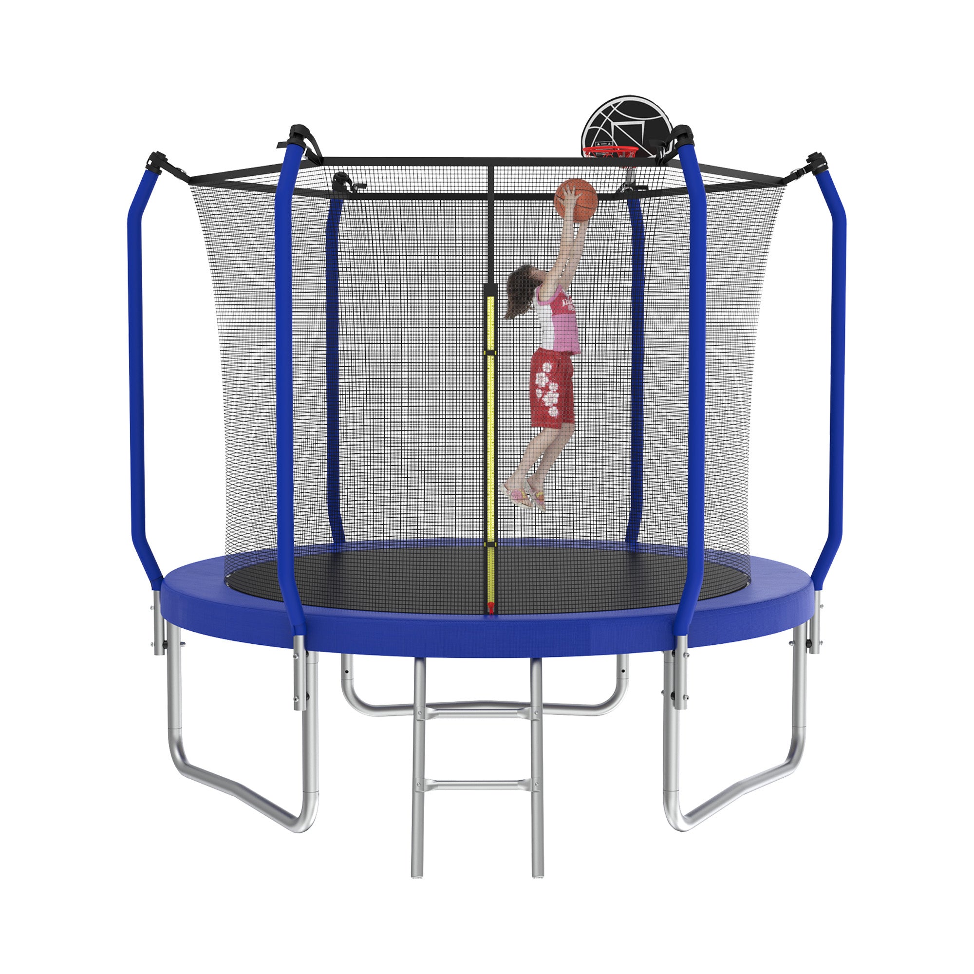 10 ft. Blue Galvanized Anti-Rust Outdoor Round Trampoline with Basketball Hoop and Enclosure Net BOMERTP54-BL