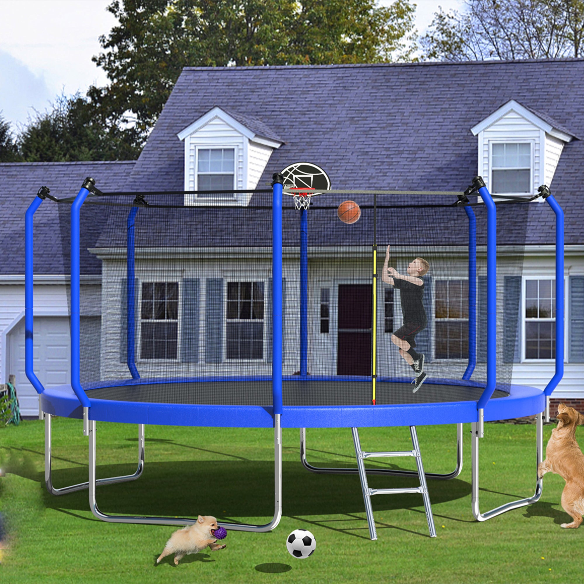 12 ft. Blue Galvanized Anti-Rust Outdoor Round Trampoline with Basketball Hoop and Enclosure Net BOMERTP55-BL