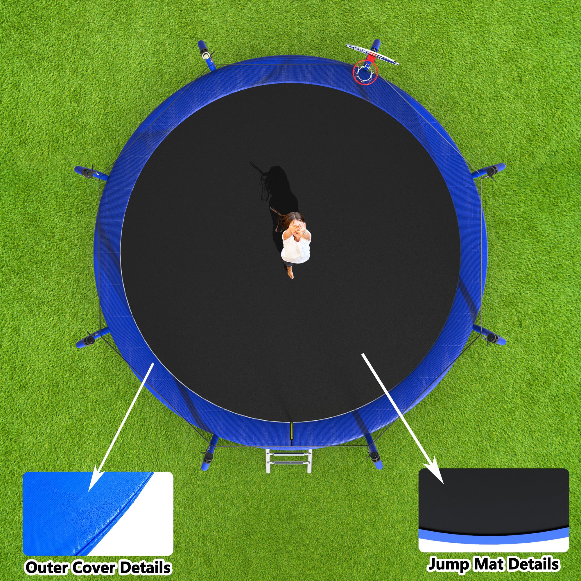 12 ft. Blue Galvanized Anti-Rust Outdoor Round Trampoline with Basketball Hoop and Enclosure Net BOMERTP55-BL