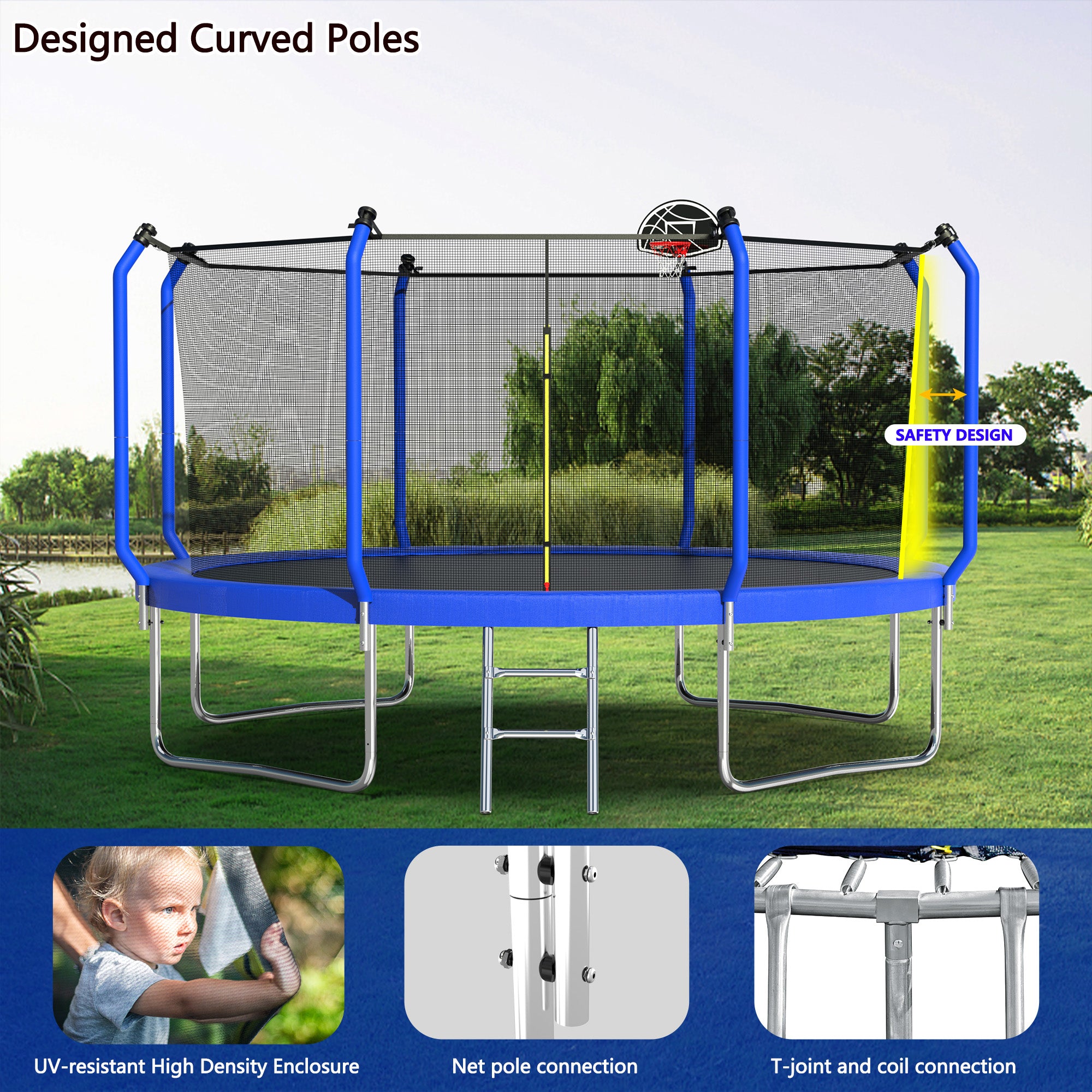 12 ft. Blue Galvanized Anti-Rust Outdoor Round Trampoline with Basketball Hoop and Enclosure Net BOMERTP55-BL