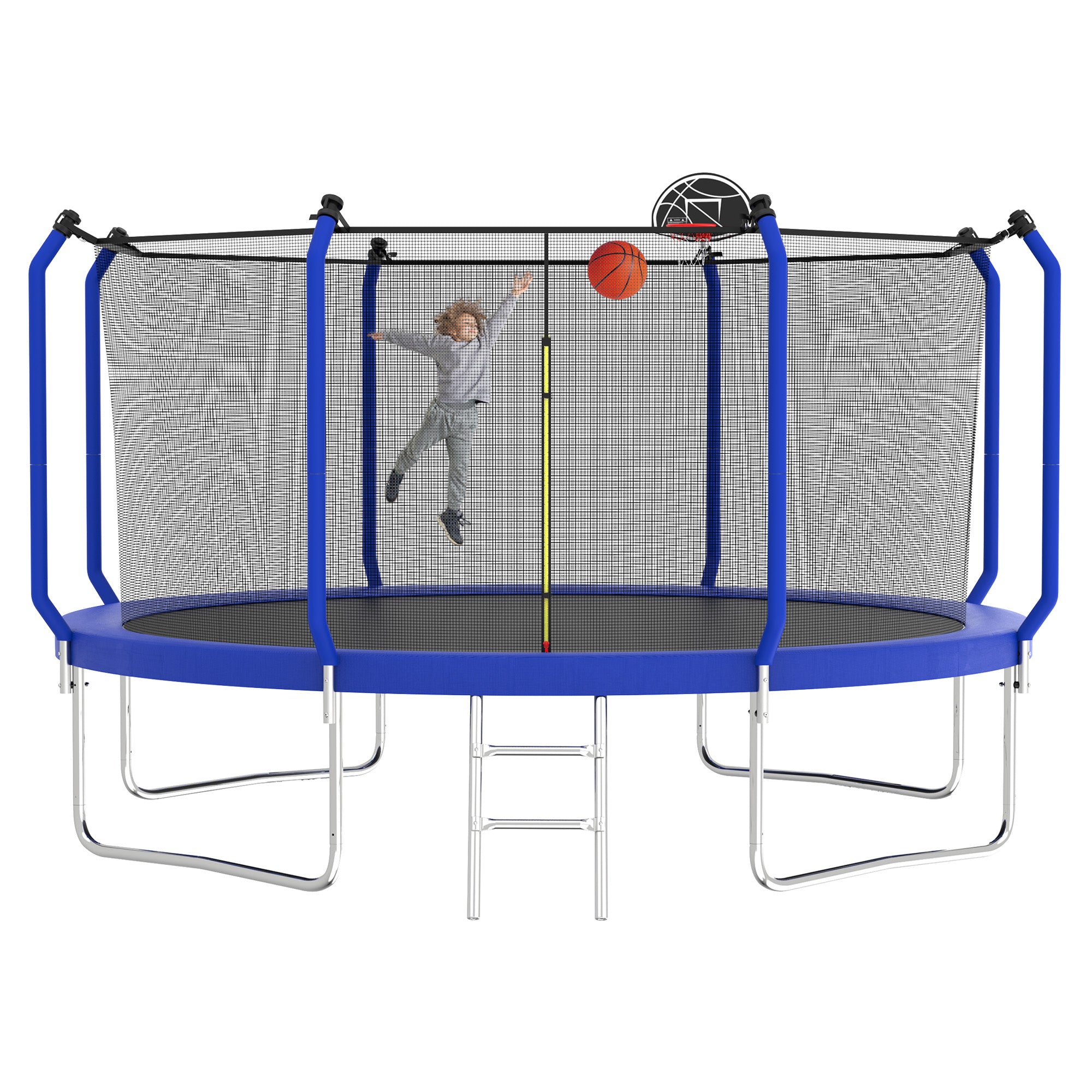 12 ft. Blue Galvanized Anti-Rust Outdoor Round Trampoline with Basketball Hoop and Enclosure Net BOMERTP55-BL