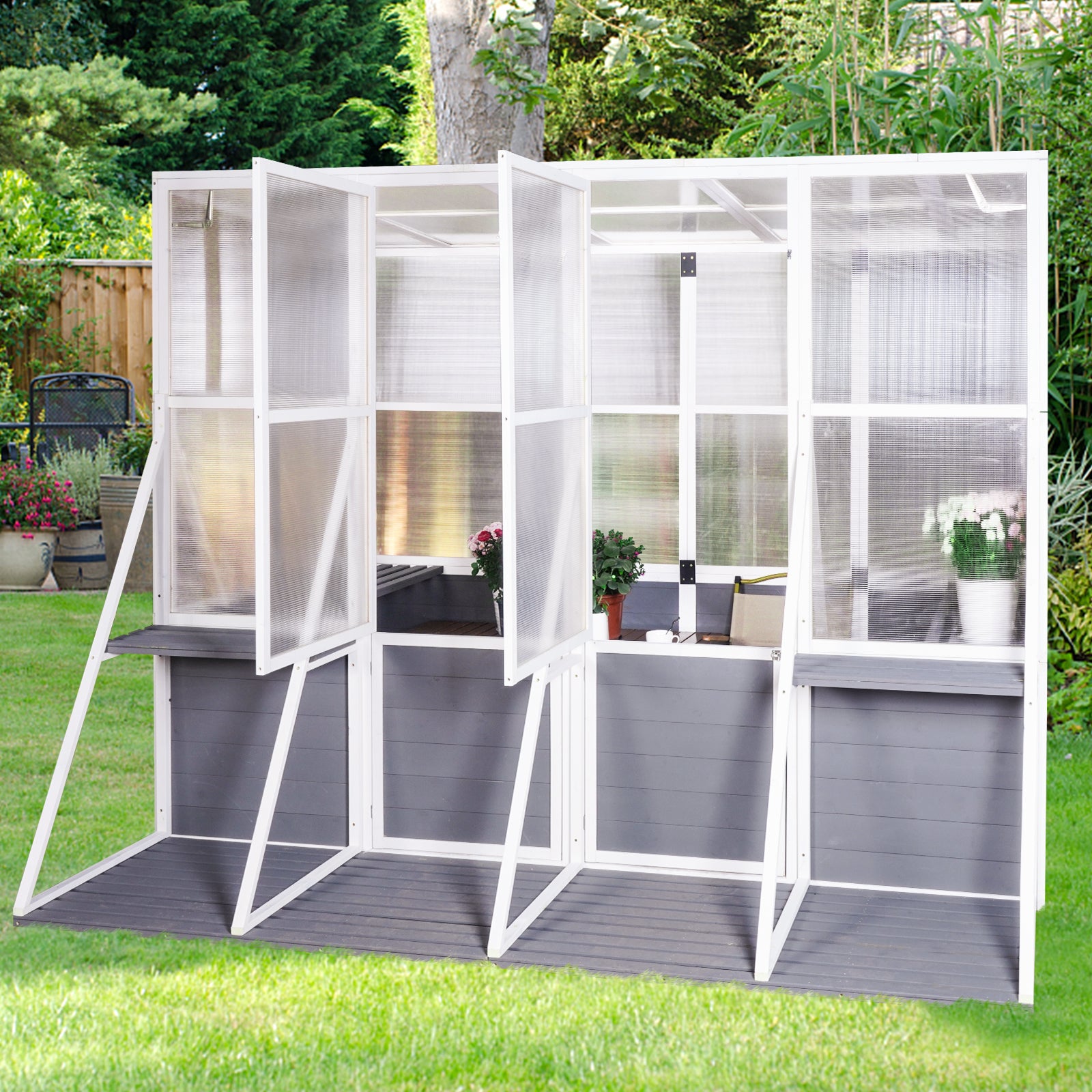 103.94''x98.43''x77.56'' Outdoor Wooden Polycarbonate White Gray Greenhouse