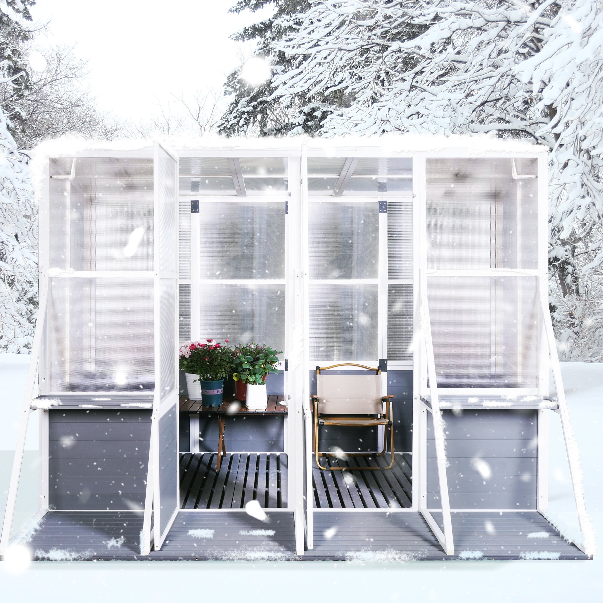 103.94''x98.43''x77.56'' Outdoor Wooden Polycarbonate White Gray Greenhouse