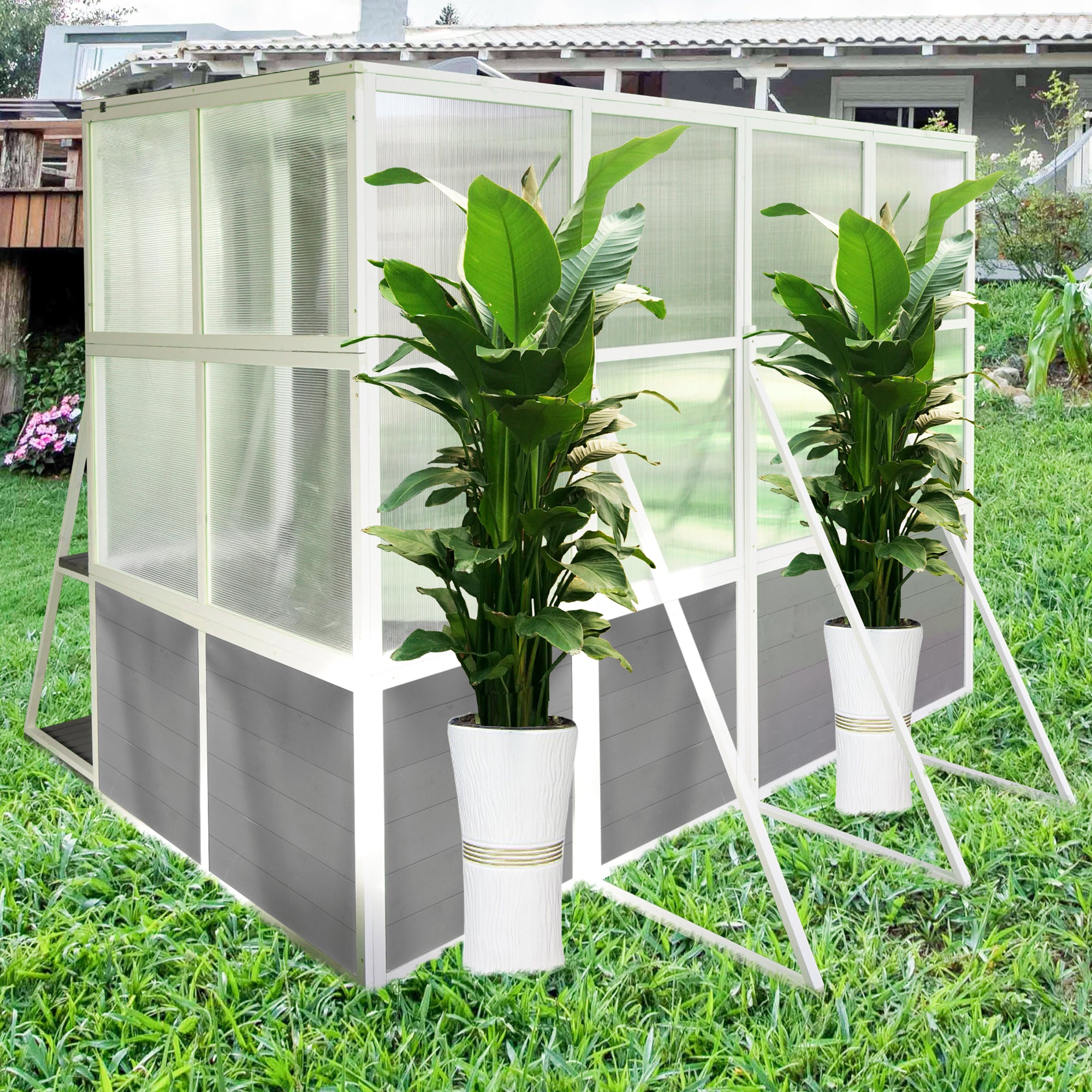 103.94''x98.43''x77.56'' Outdoor Wooden Polycarbonate White Gray Greenhouse