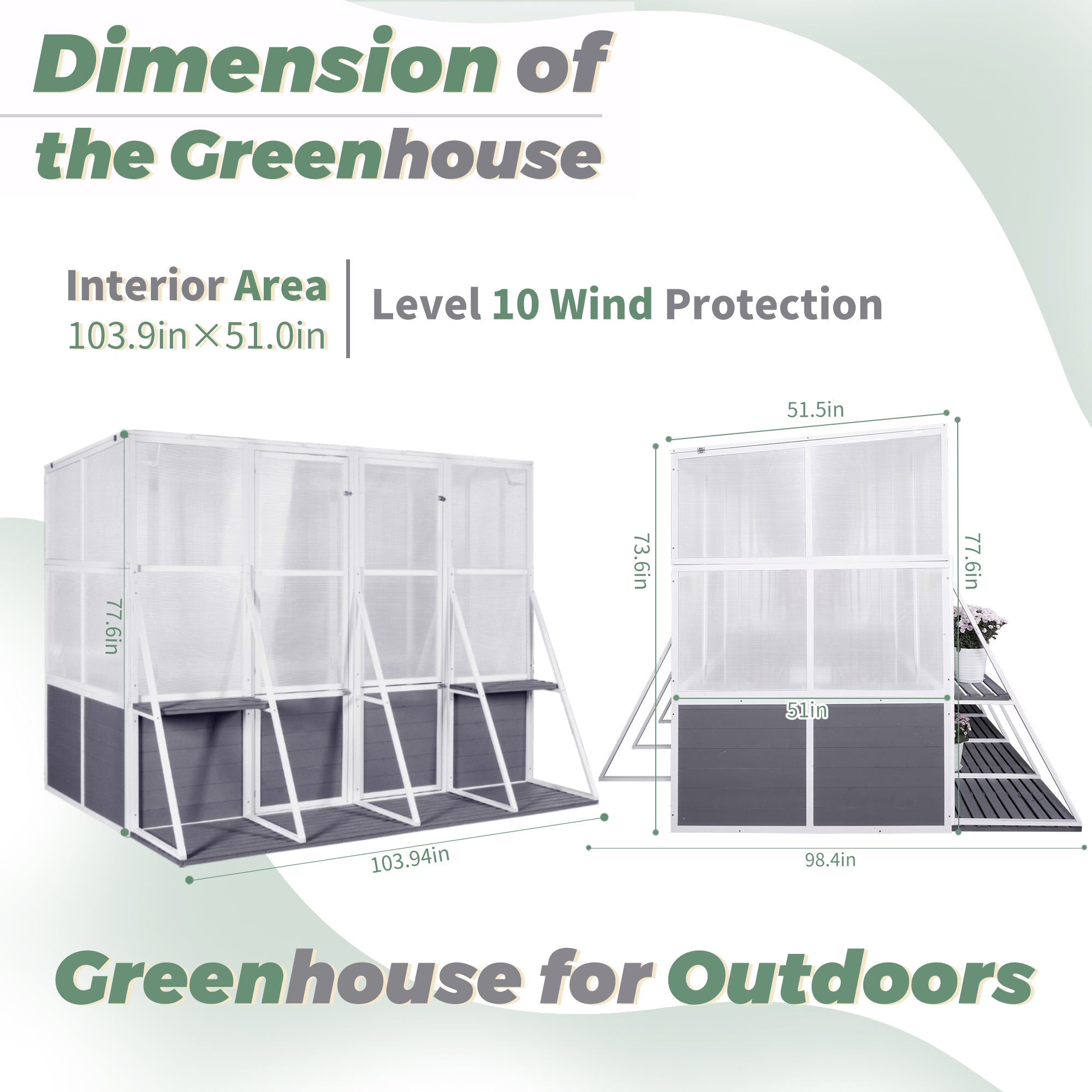 103.94''x98.43''x77.56'' Outdoor Wooden Polycarbonate White Gray Greenhouse