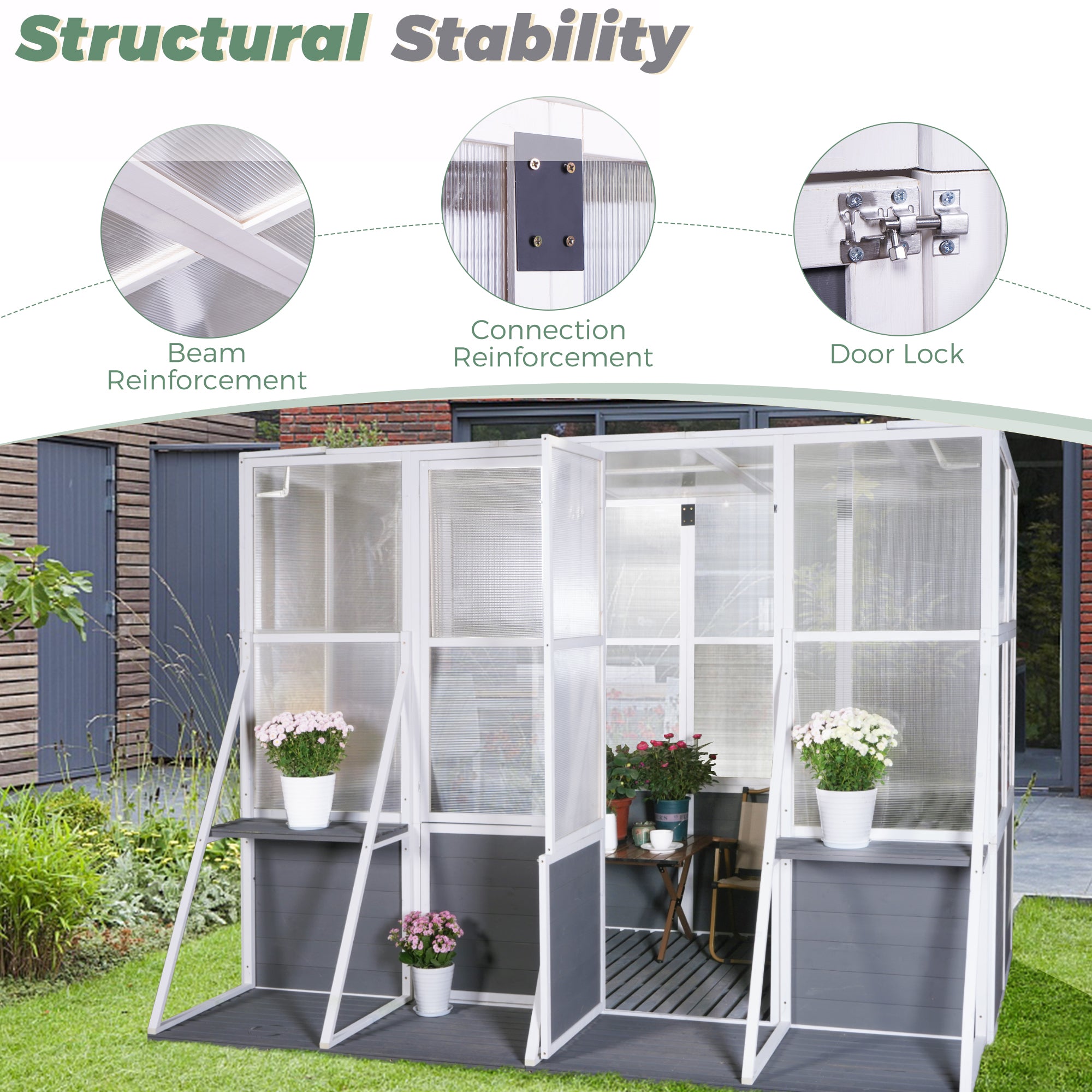 103.94''x98.43''x77.56'' Outdoor Wooden Polycarbonate White Gray Greenhouse