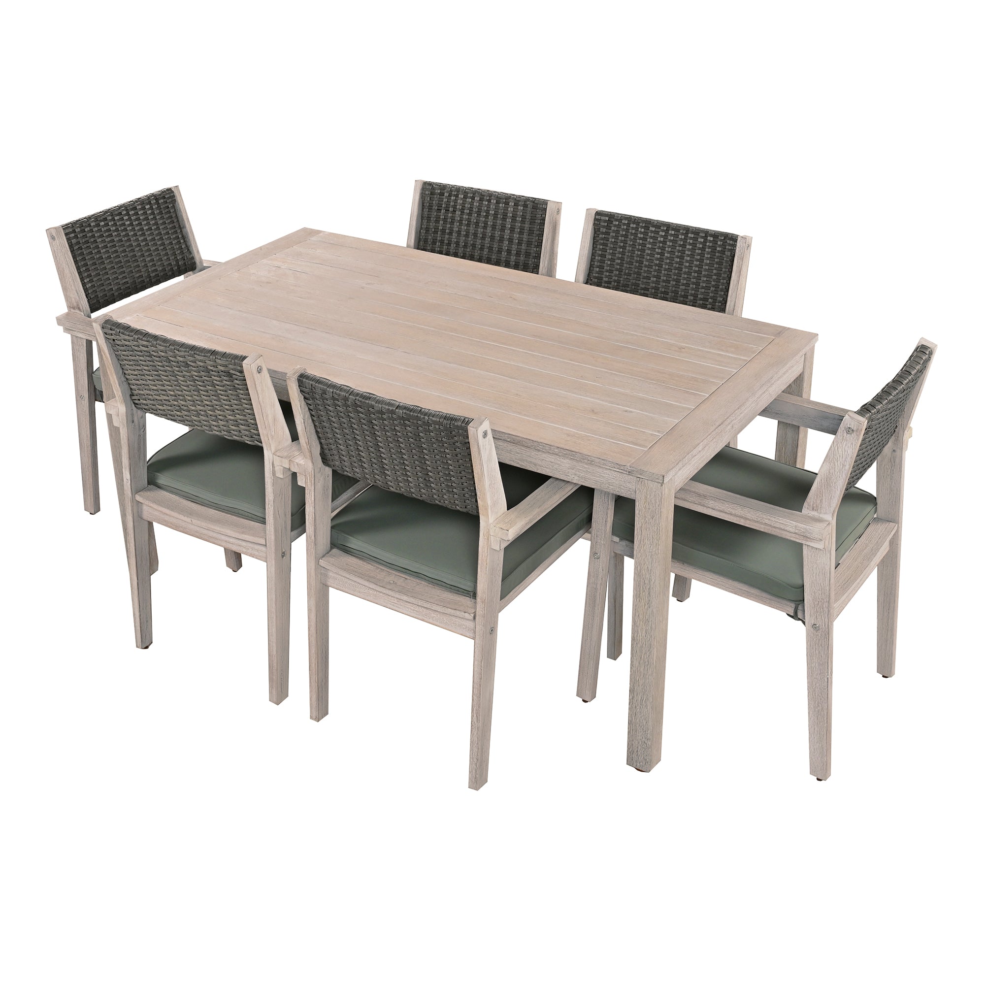 White Washed 7-Piece Wood Outdoor Dining Set with Grayish Green Cushion and Rattan Backrest