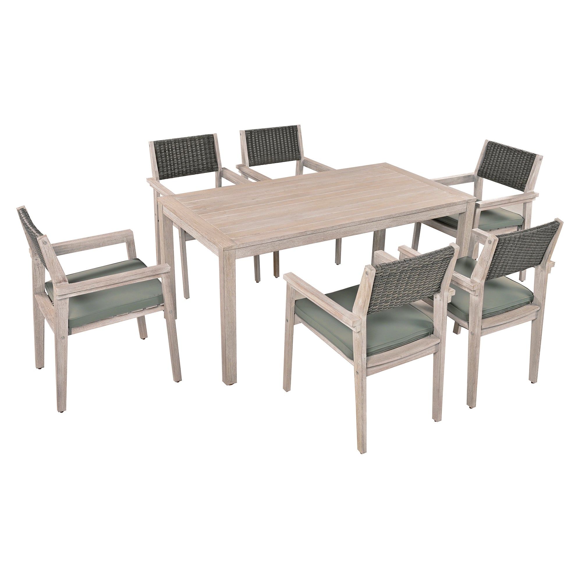 White Washed 7-Piece Wood Outdoor Dining Set with Grayish Green Cushion and Rattan Backrest