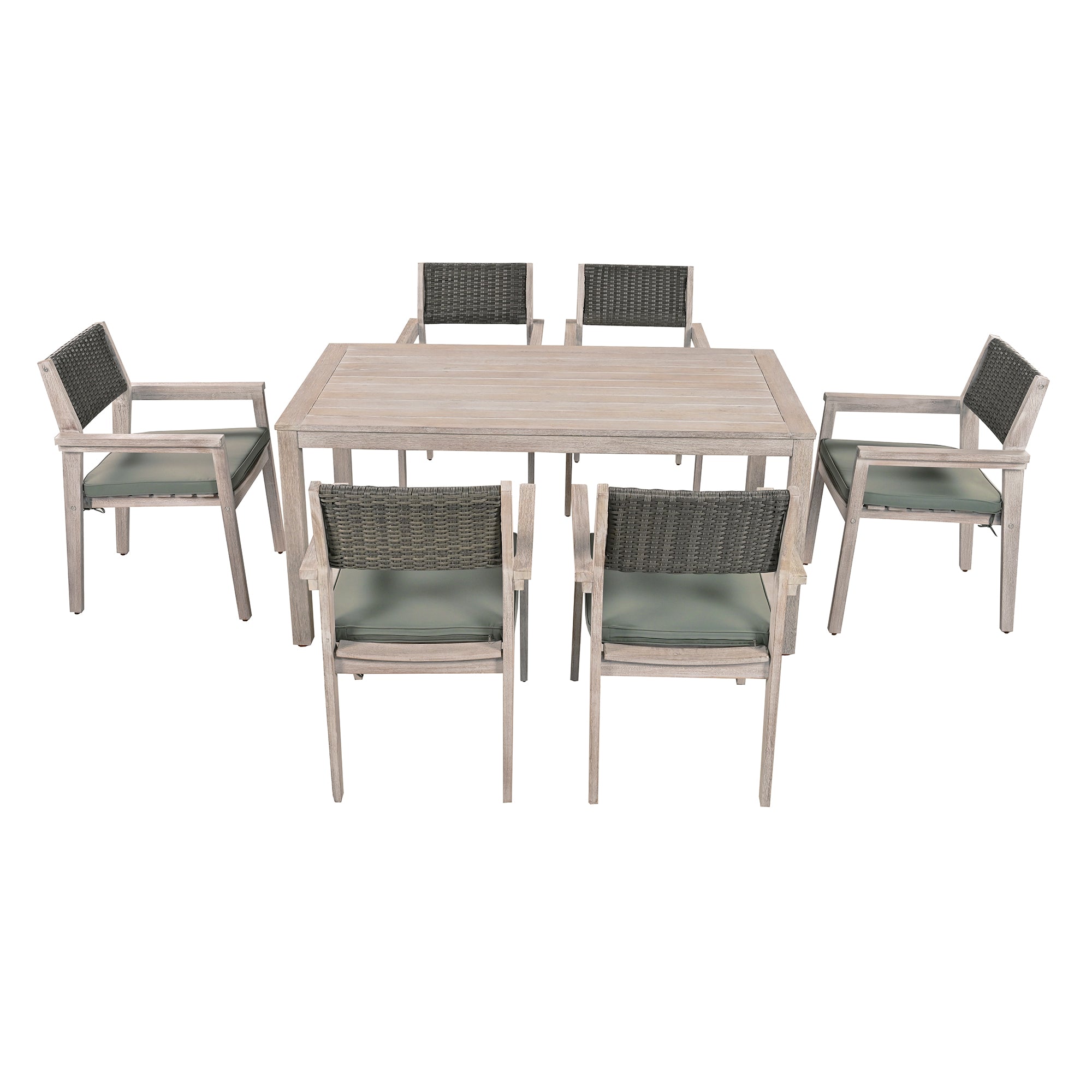 White Washed 7-Piece Wood Outdoor Dining Set with Grayish Green Cushion and Rattan Backrest