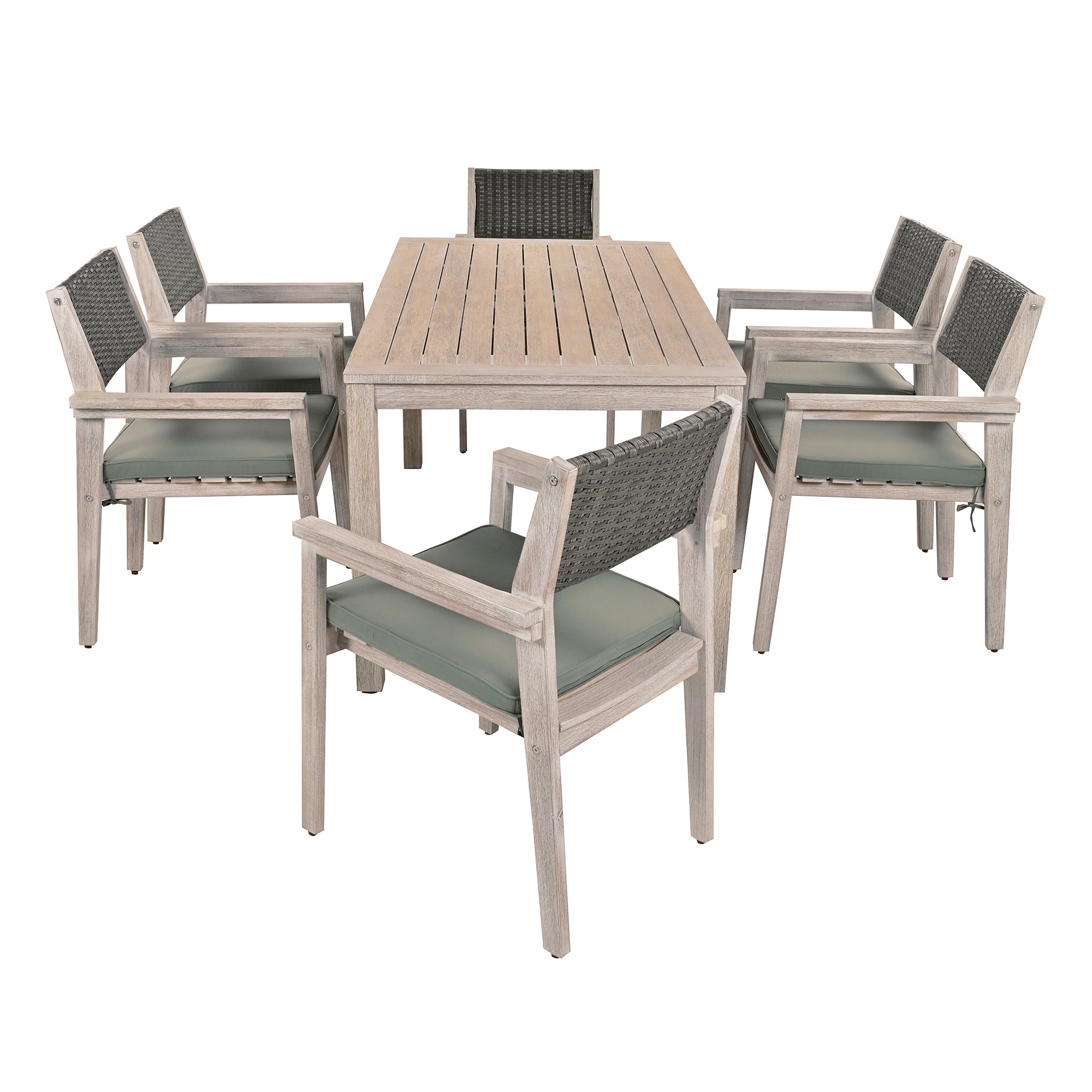 White Washed 7-Piece Wood Outdoor Dining Set with Grayish Green Cushion and Rattan Backrest