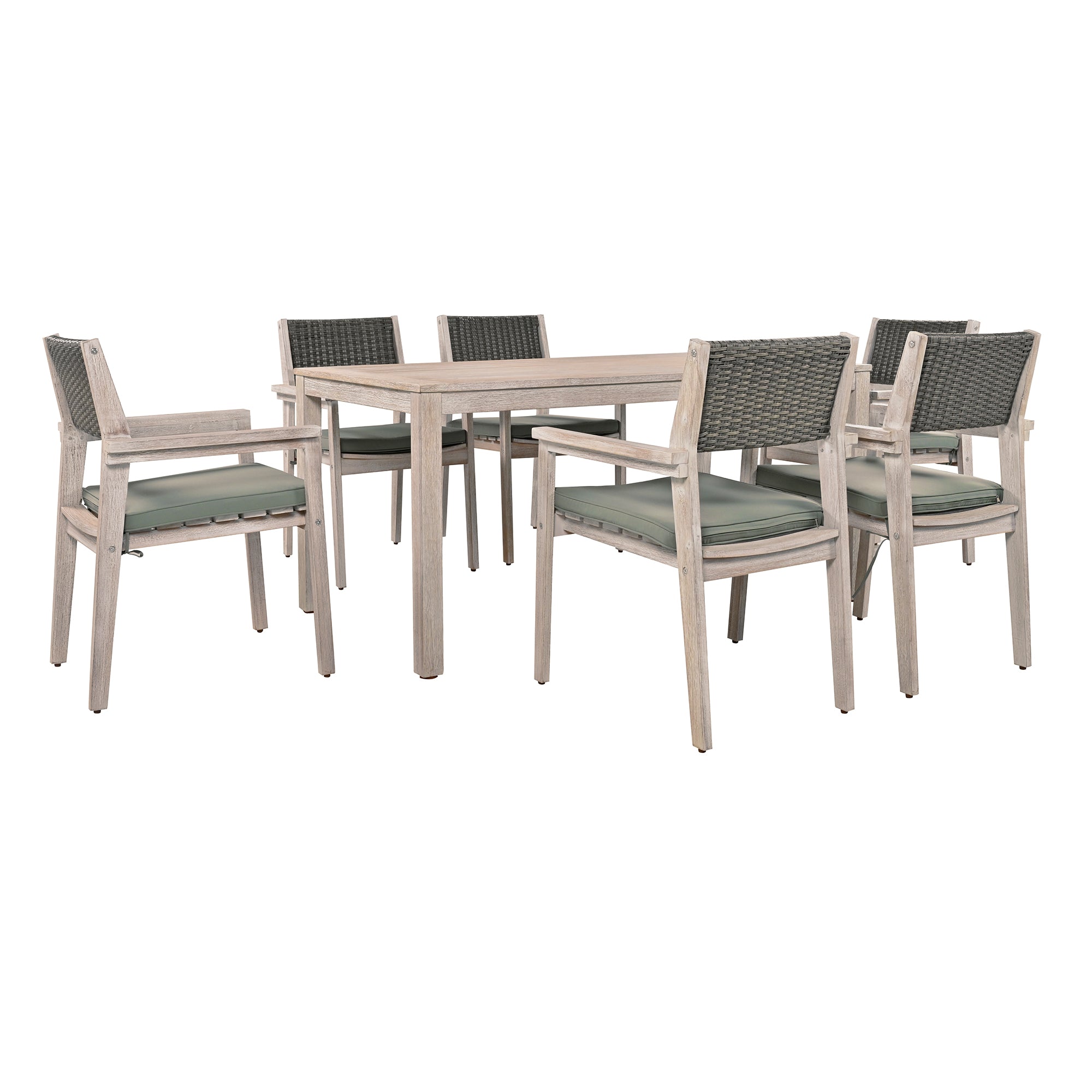 White Washed 7-Piece Wood Outdoor Dining Set with Grayish Green Cushion and Rattan Backrest