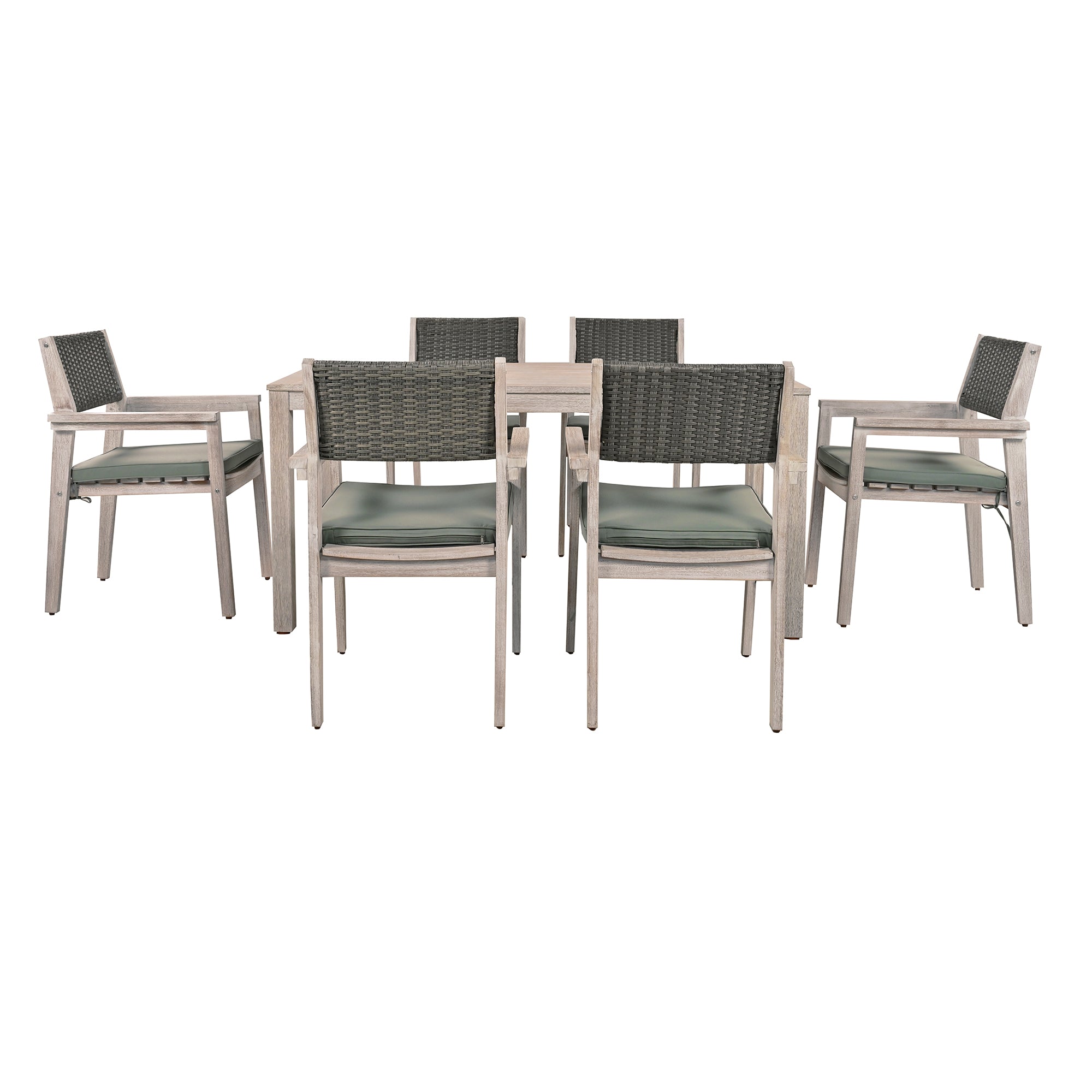 White Washed 7-Piece Wood Outdoor Dining Set with Grayish Green Cushion and Rattan Backrest