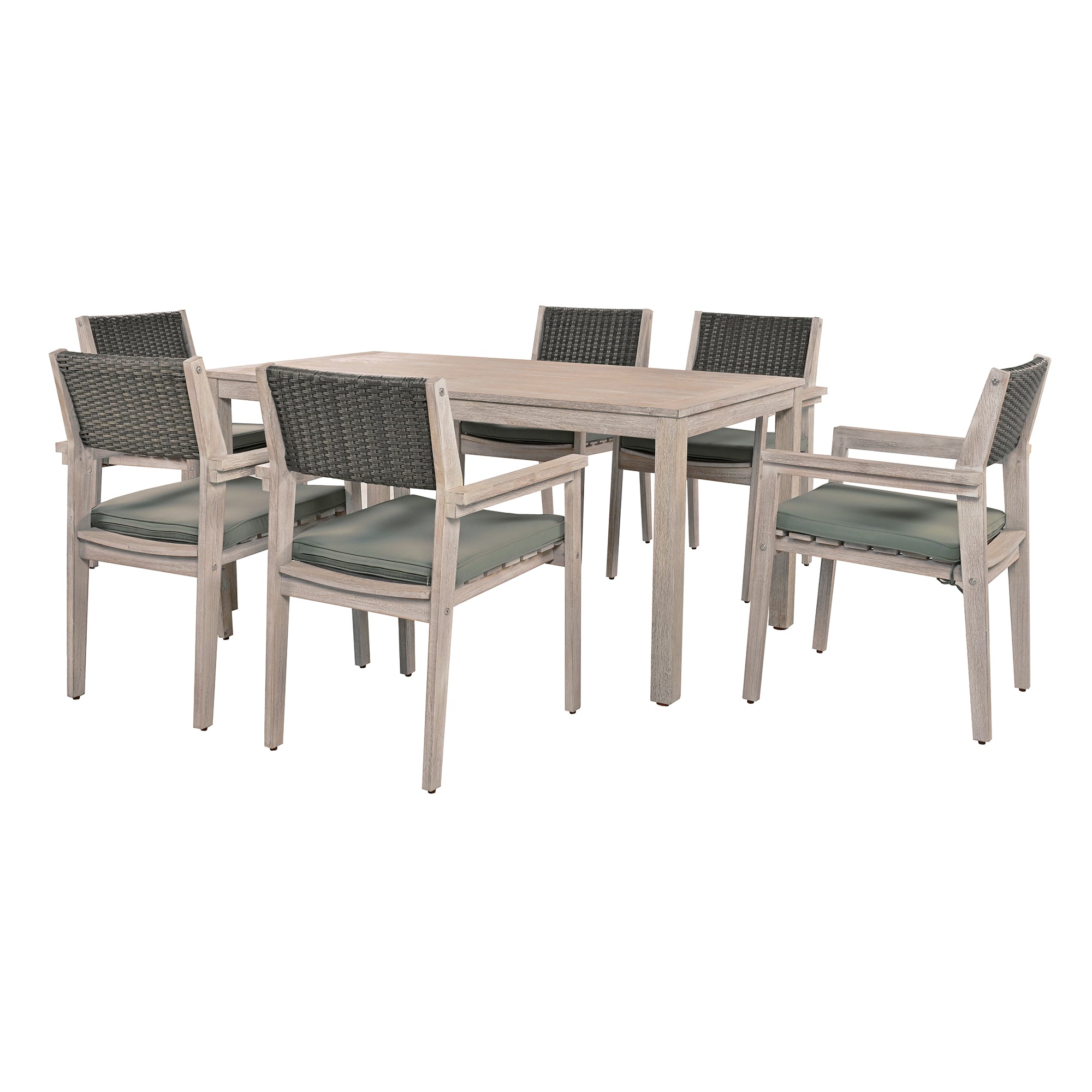 White Washed 7-Piece Wood Outdoor Dining Set with Grayish Green Cushion and Rattan Backrest