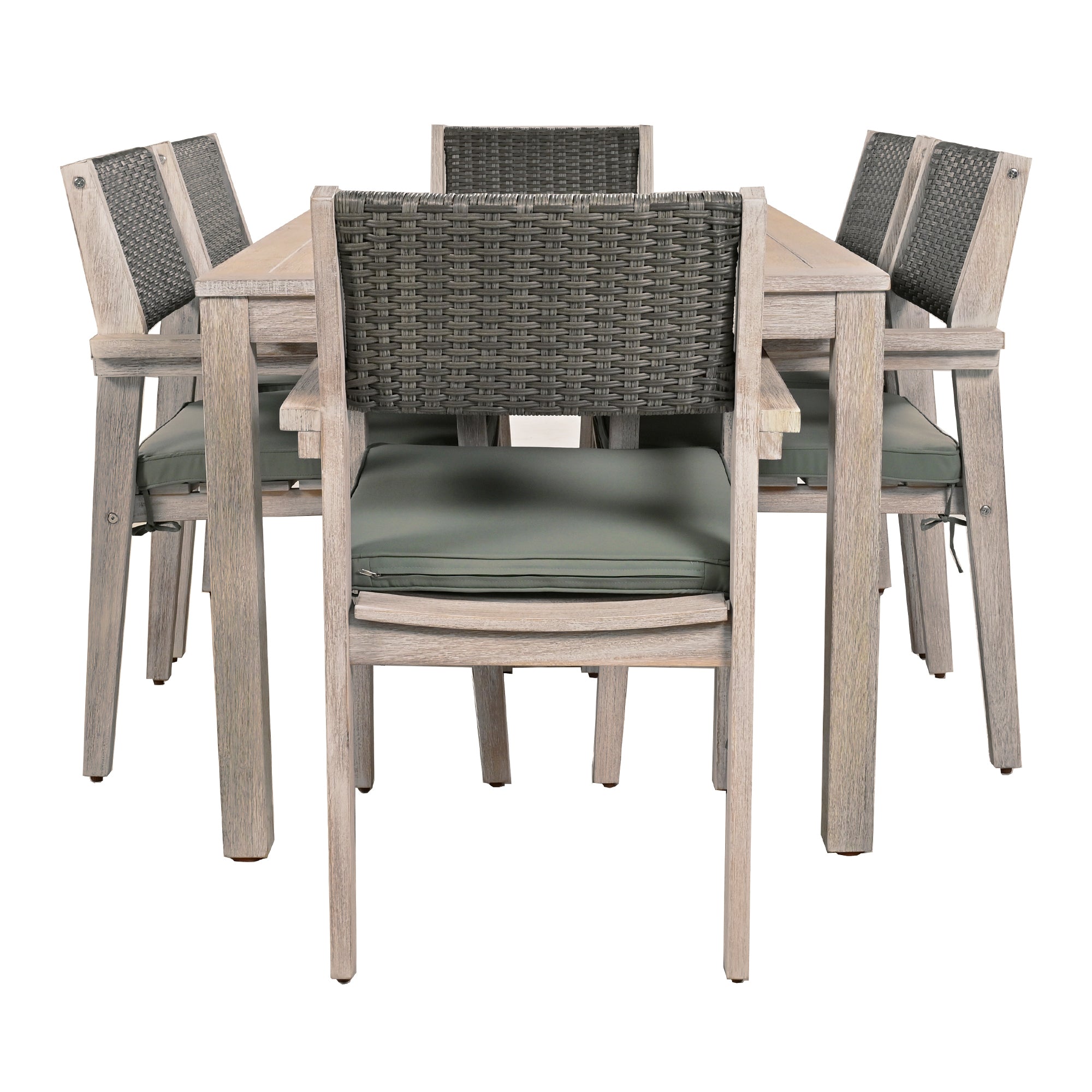 White Washed 7-Piece Wood Outdoor Dining Set with Grayish Green Cushion and Rattan Backrest