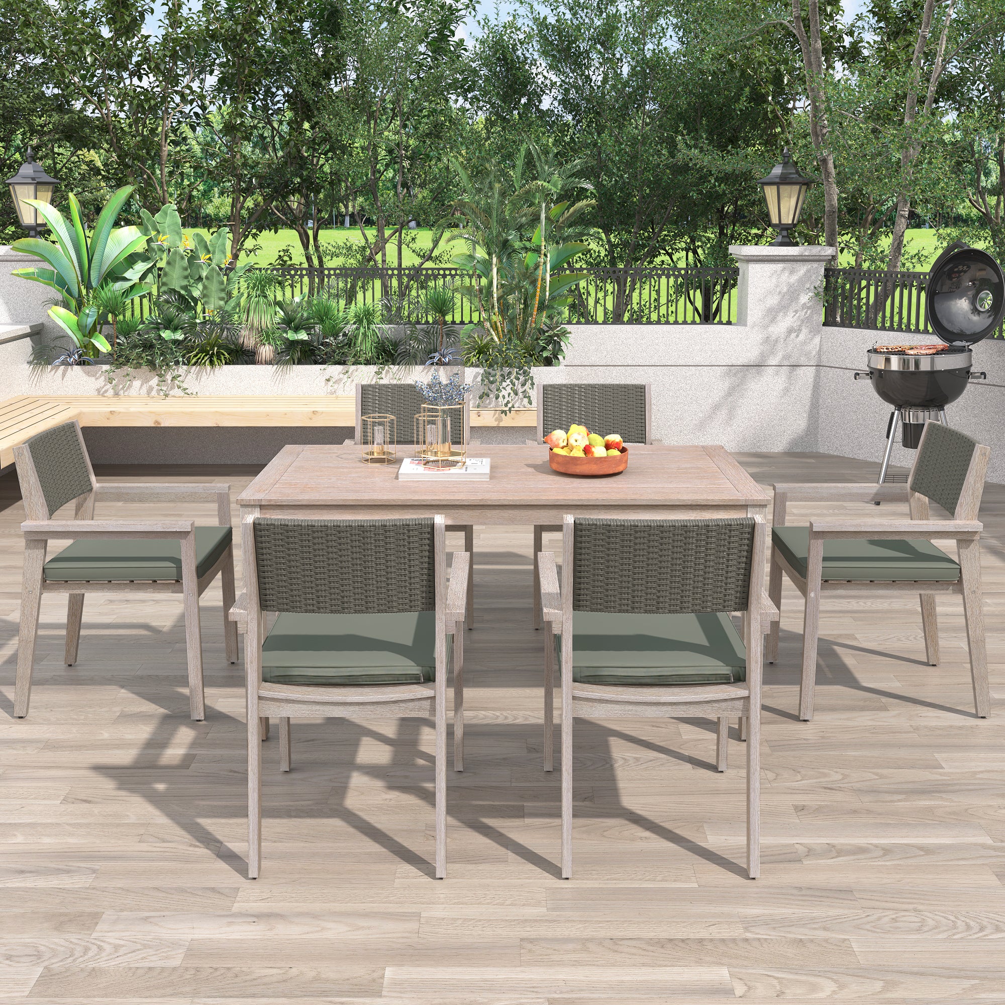 White Washed 7-Piece Wood Outdoor Dining Set with Grayish Green Cushion and Rattan Backrest