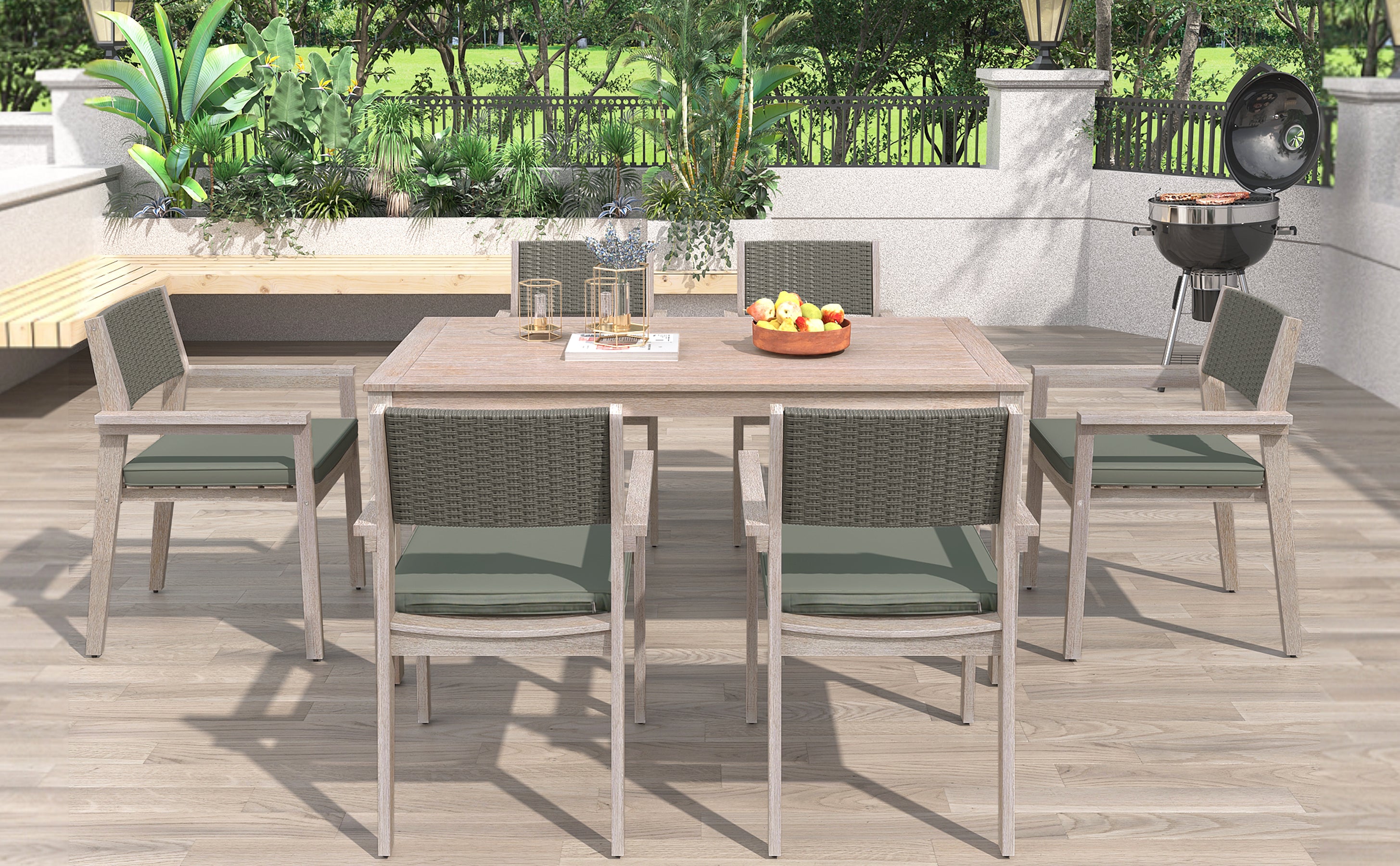 White Washed 7-Piece Wood Outdoor Dining Set with Grayish Green Cushion and Rattan Backrest