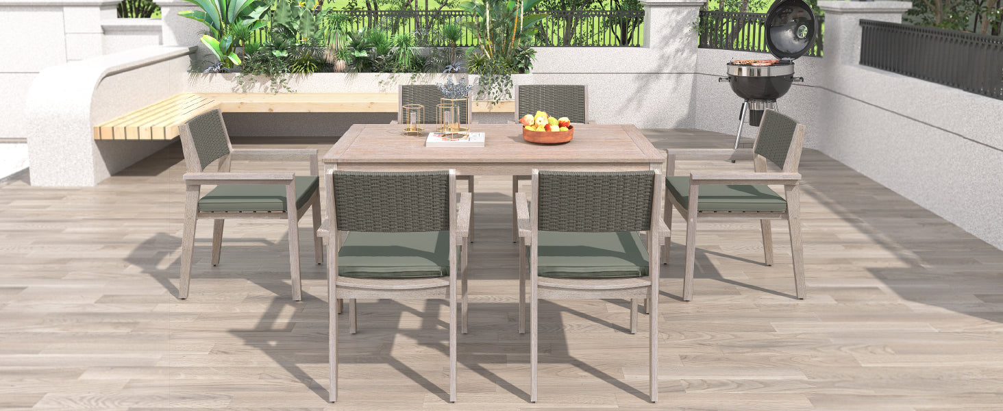 White Washed 7-Piece Wood Outdoor Dining Set with Grayish Green Cushion and Rattan Backrest