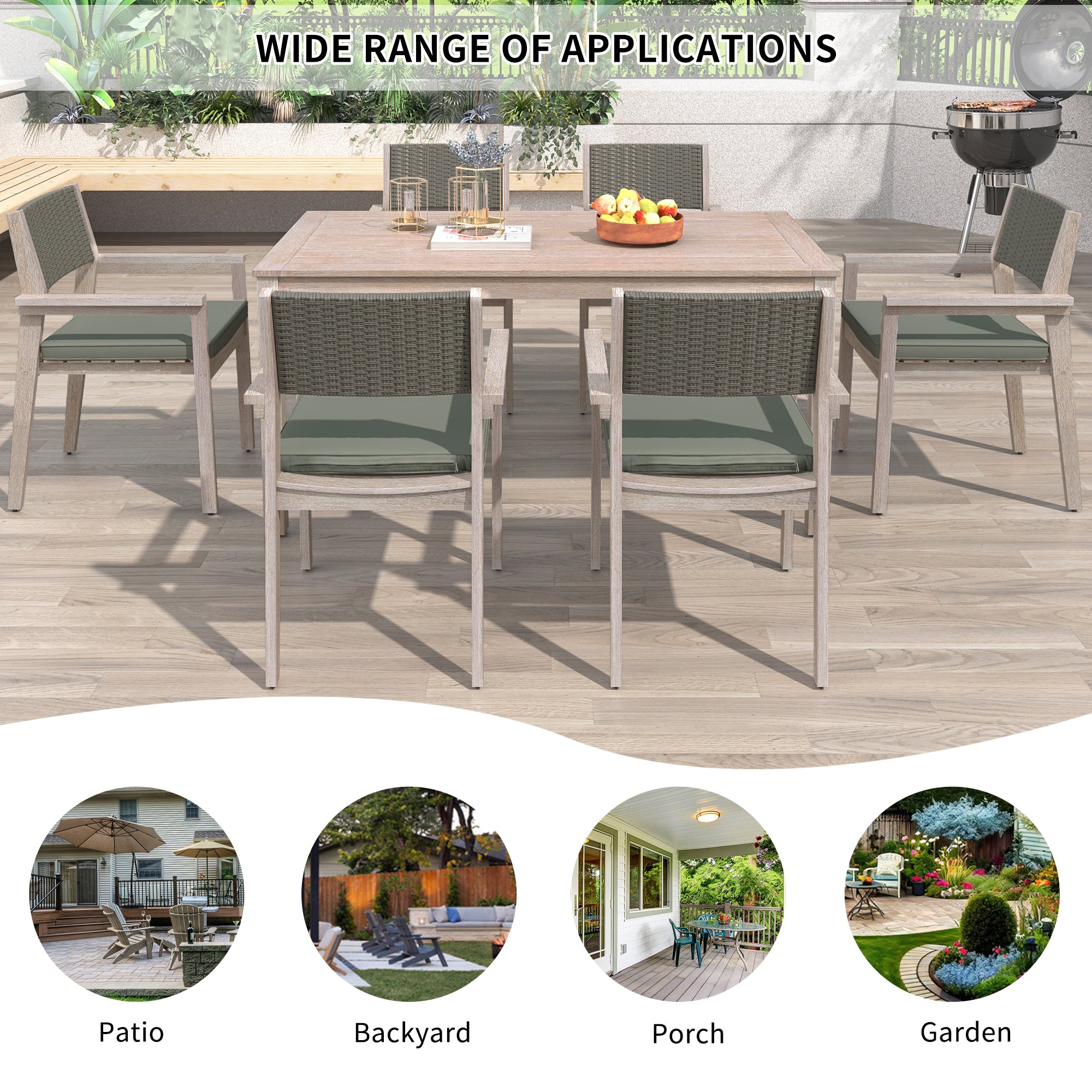 White Washed 7-Piece Wood Outdoor Dining Set with Grayish Green Cushion and Rattan Backrest