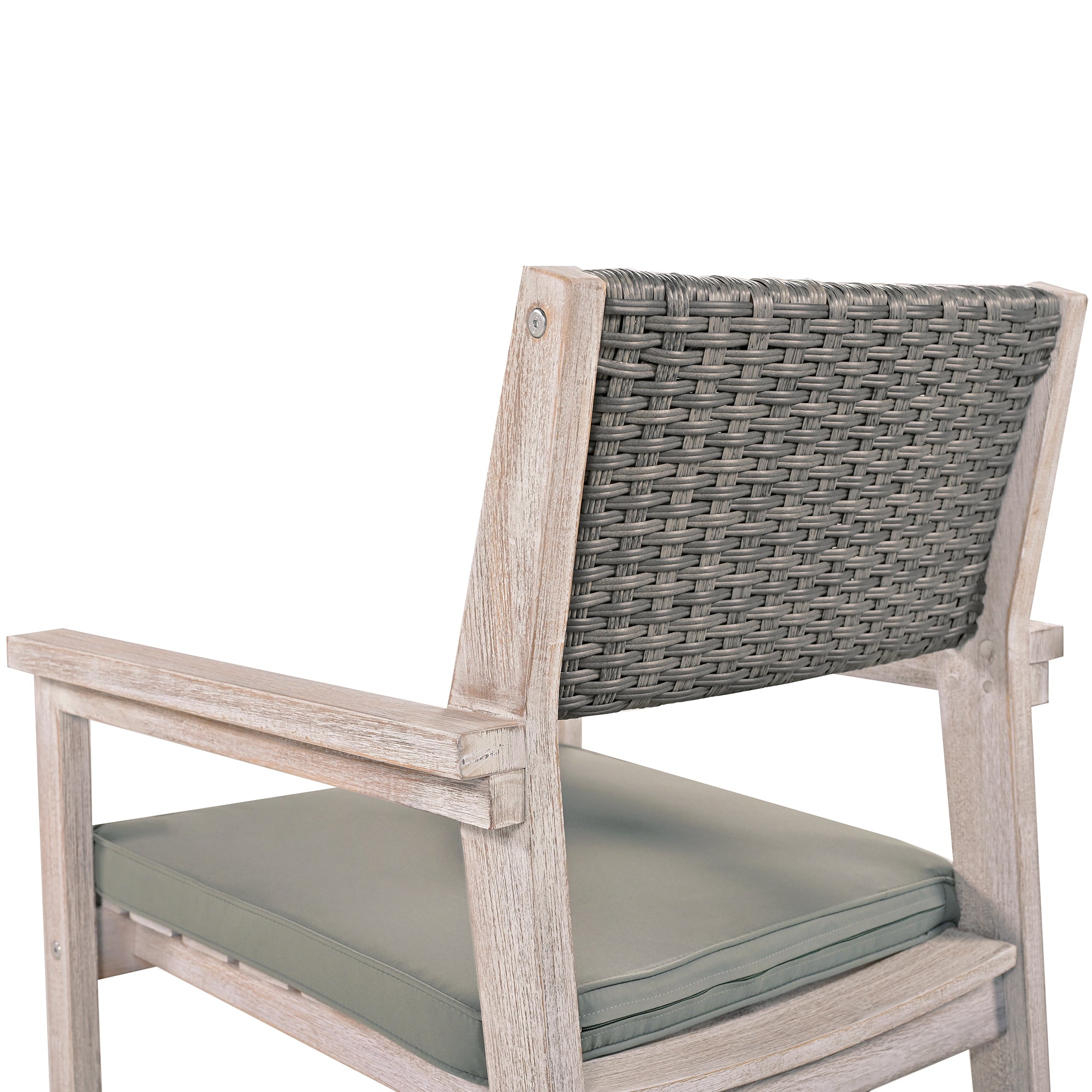 White Washed 7-Piece Wood Outdoor Dining Set with Grayish Green Cushion and Rattan Backrest