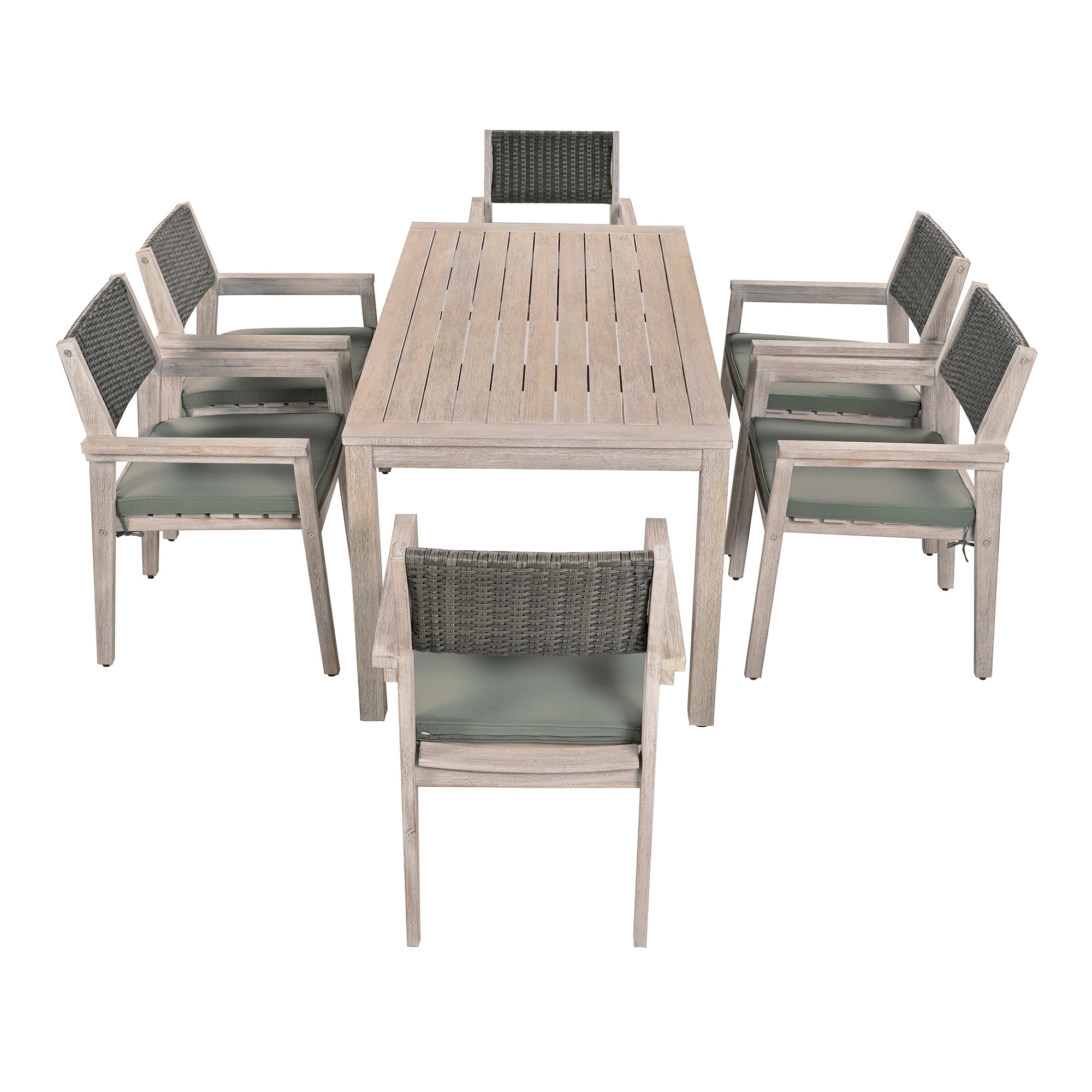 White Washed 7-Piece Wood Outdoor Dining Set with Grayish Green Cushion and Rattan Backrest