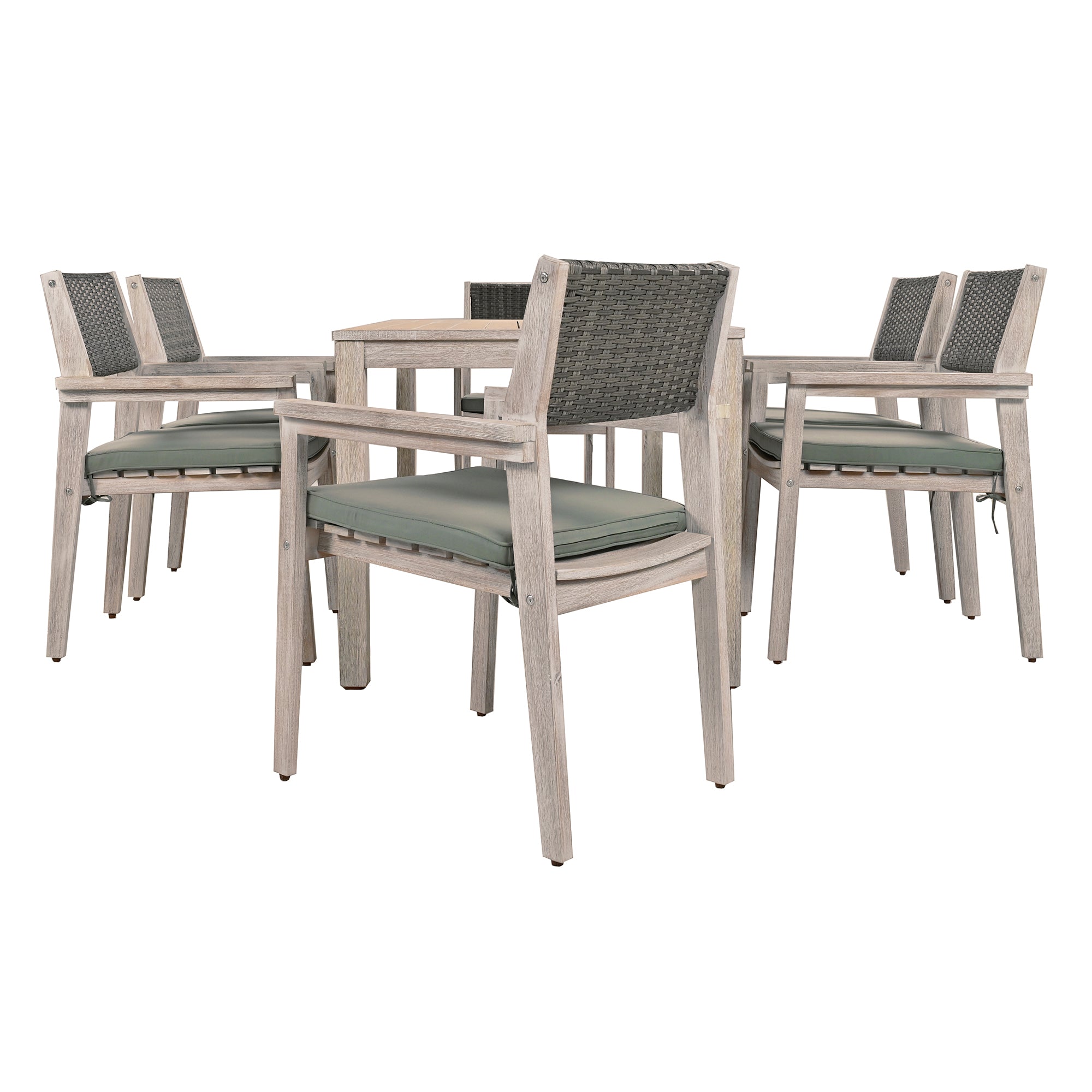 White Washed 7-Piece Wood Outdoor Dining Set with Grayish Green Cushion and Rattan Backrest