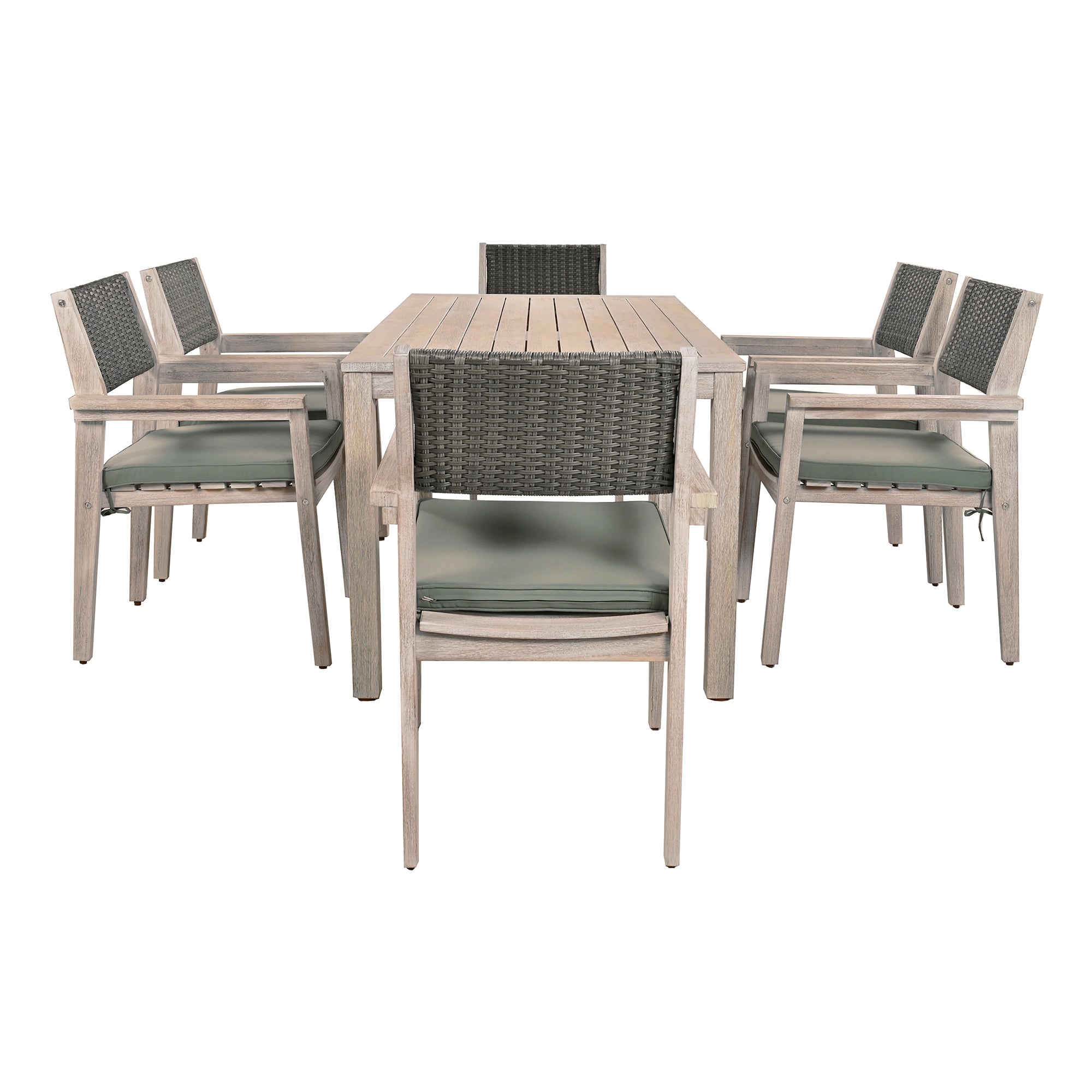 White Washed 7-Piece Wood Outdoor Dining Set with Grayish Green Cushion and Rattan Backrest