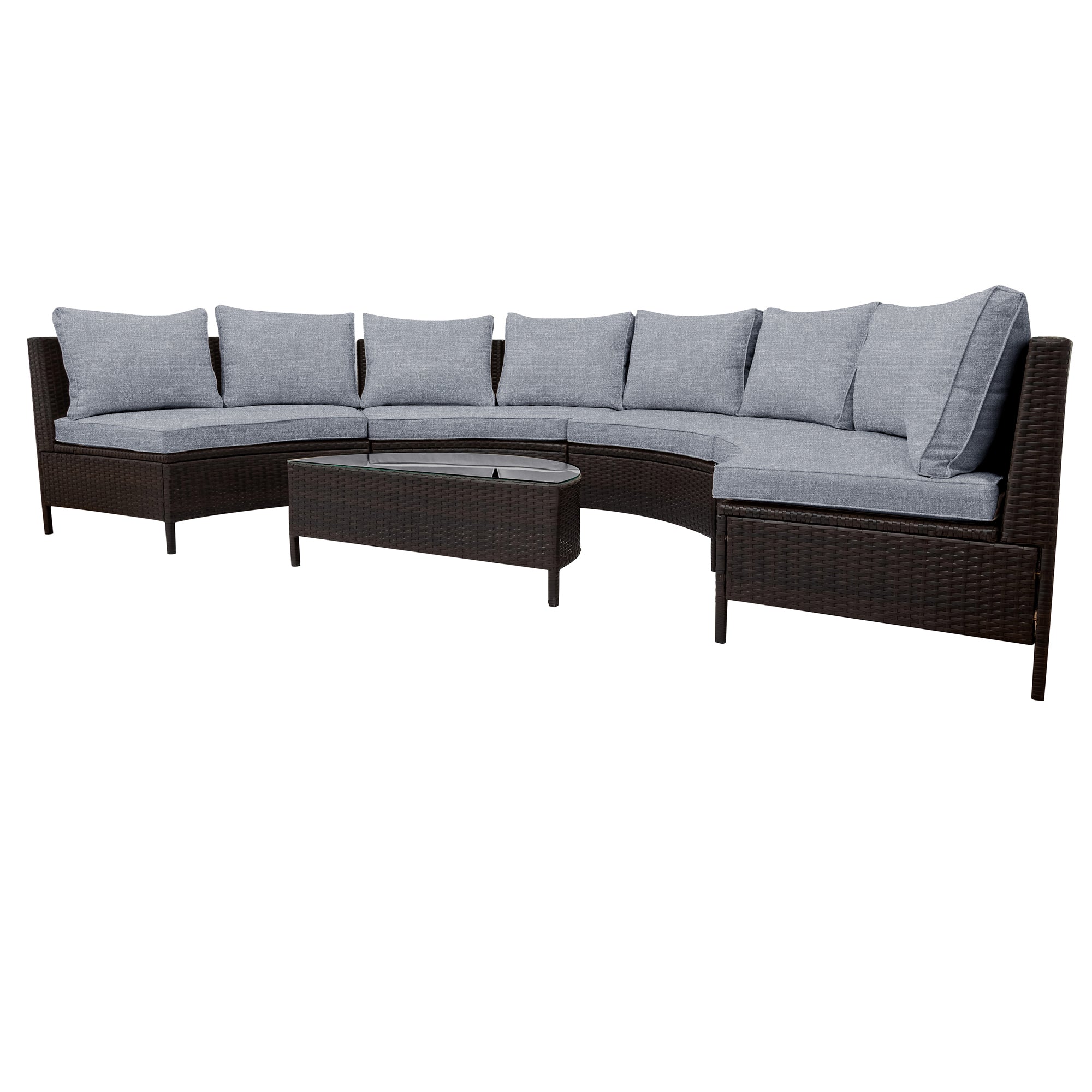 5-Piece PE Wicker Rattan Curved Outdoor Sectional Set with Grey Cushion