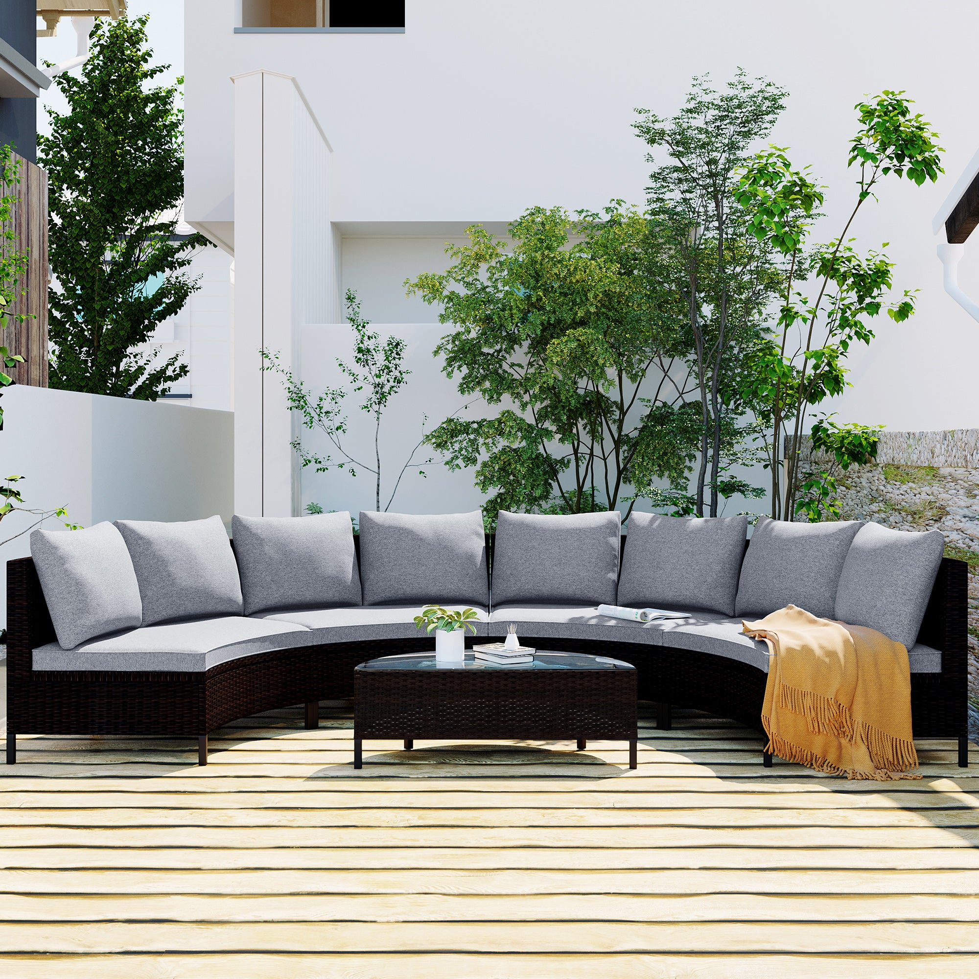 5-Piece PE Wicker Rattan Curved Outdoor Sectional Set with Grey Cushion