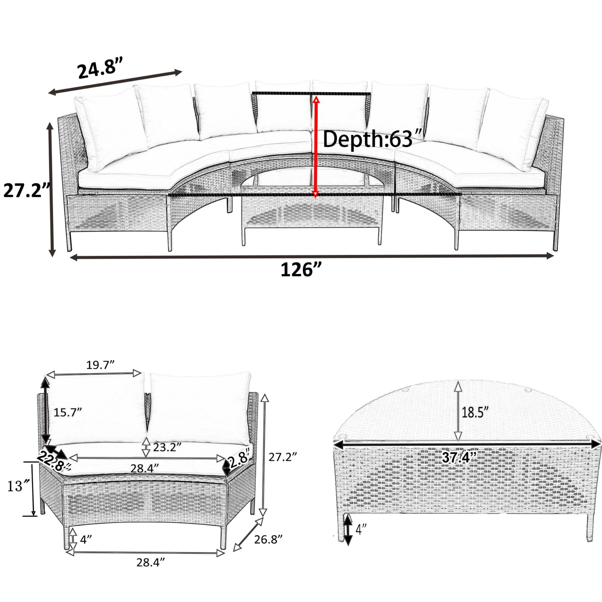 5-Piece PE Wicker Rattan Curved Outdoor Sectional Set with Grey Cushion